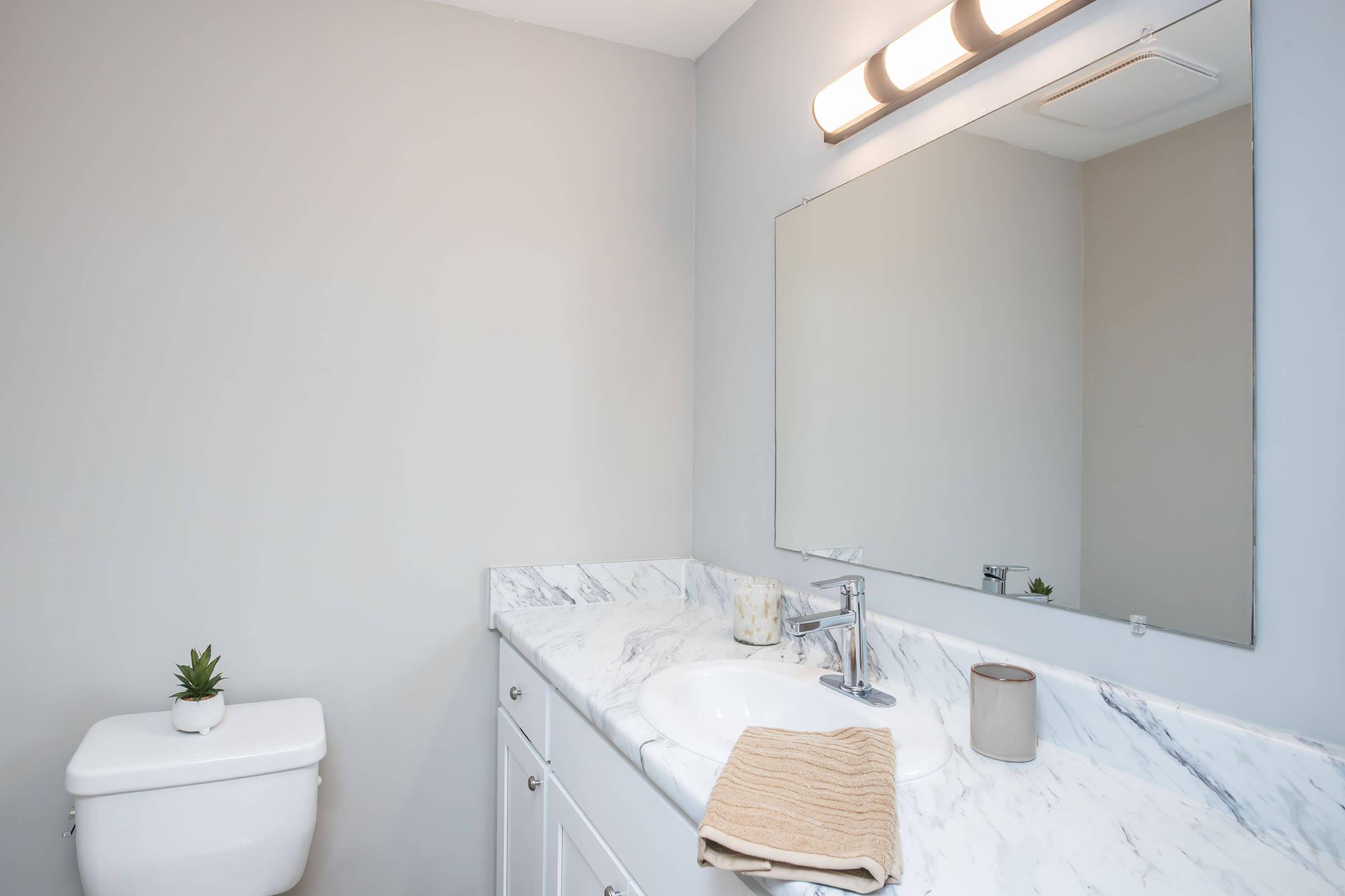 A modern bathroom featuring a white marble countertop with a sink and faucet, a large mirror above, and a soft-colored wall. A small plant is placed beside the sink, and there’s a beige towel folded neatly. The toilet is simple and unobtrusive, completing the clean and minimalist design.