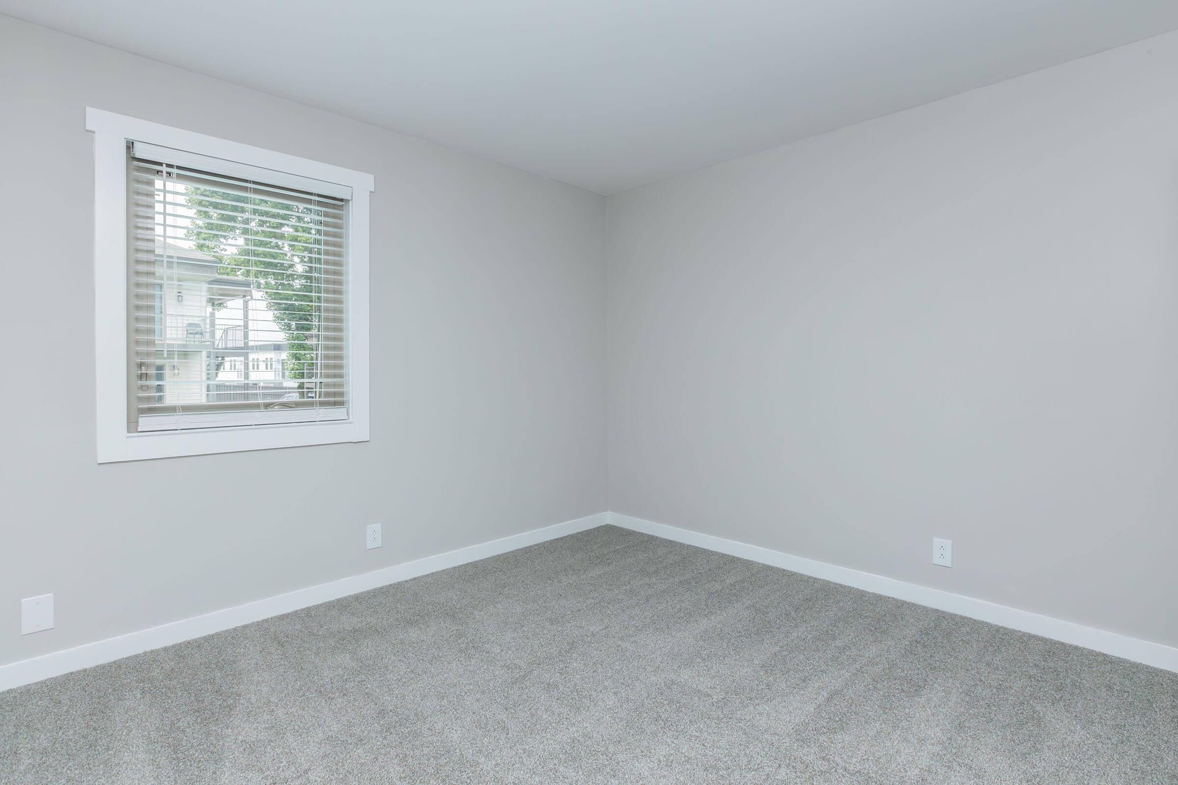 A spacious, unfurnished room with light gray walls and a plush gray carpet. It features a large window with white blinds that allows natural light to flow in, and simple white trim around the window and baseboards. The room has a minimalist design, perfect for customization.