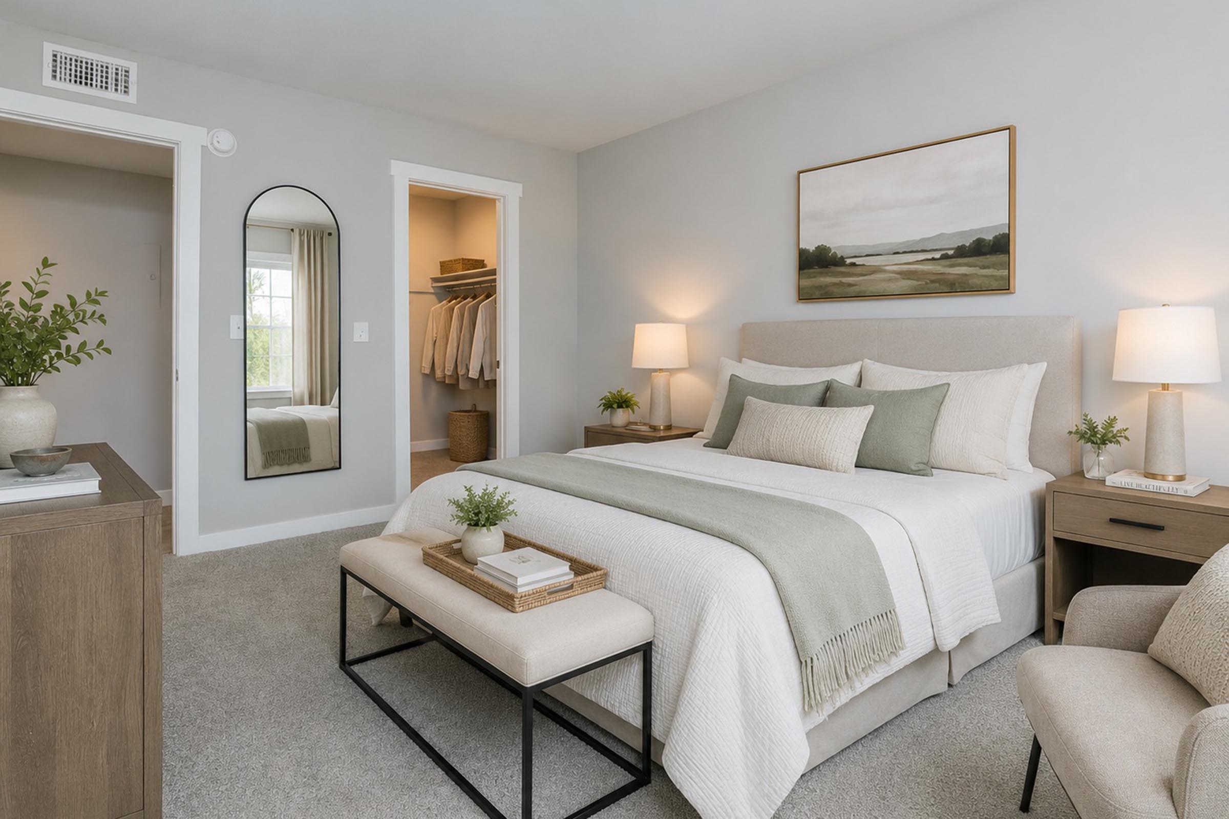 A cozy, modern bedroom featuring a queen-sized bed with soft bedding and decorative pillows. Two bedside lamps illuminate the space, and a neutral color palette creates a calming atmosphere. A stylish chair and a small bench at the foot of the bed add functionality. A door leads to a closet area.