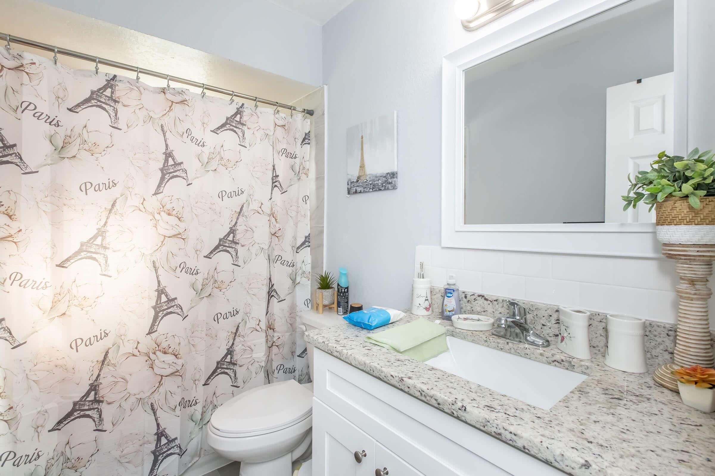 A bright bathroom featuring a white vanity with a granite countertop, a clean toilet, and a floral shower curtain with Eiffel Tower designs. A small plant is on the vanity, and a decorative wall art piece is visible. Natural light filters in, enhancing the inviting atmosphere.