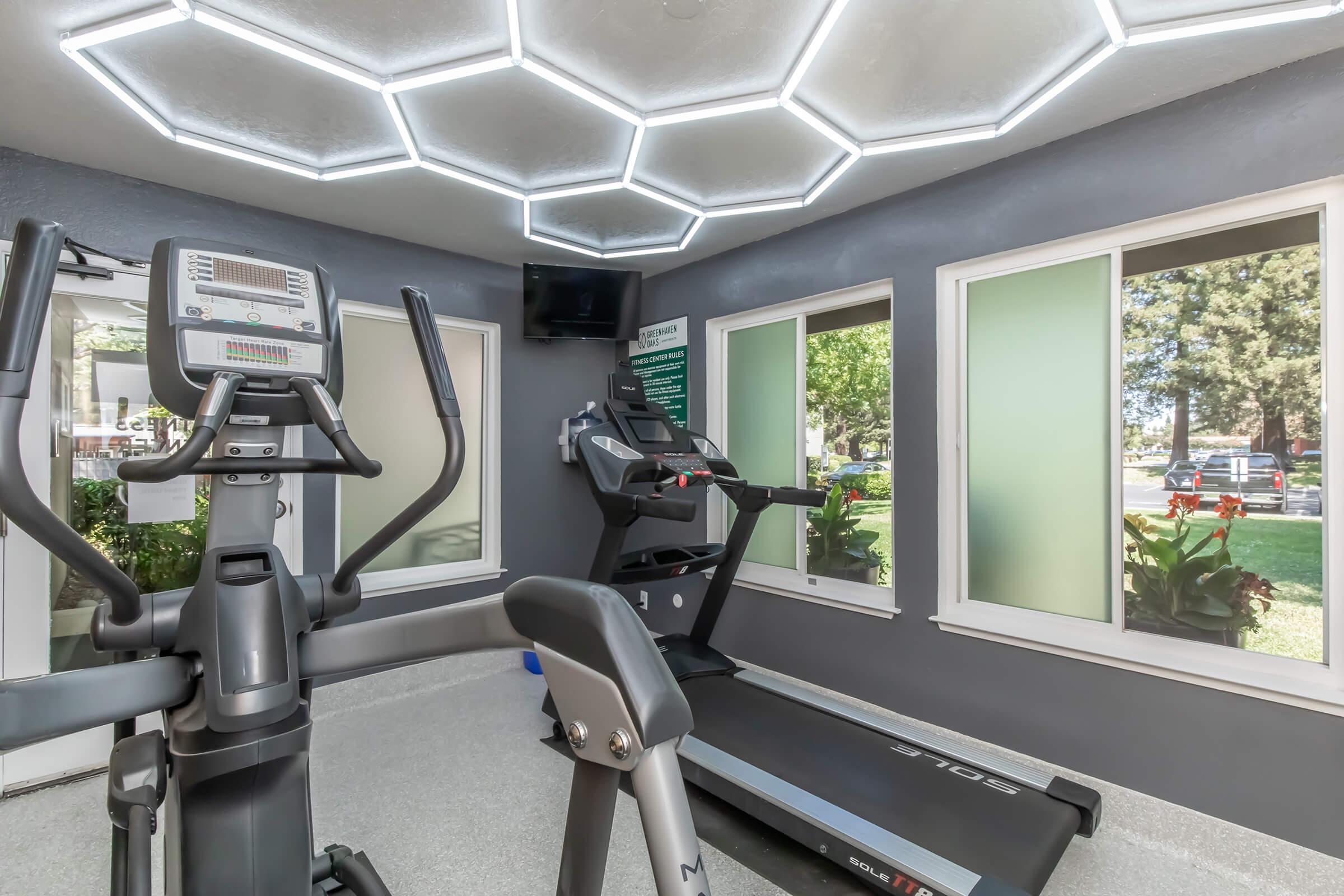 A modern gym interior featuring an elliptical machine and a treadmill. The room is illuminated by hexagonal ceiling lights and has large windows with views of greenery outside. A television is mounted on the wall, and the decor is sleek and contemporary, creating an inviting workout space.