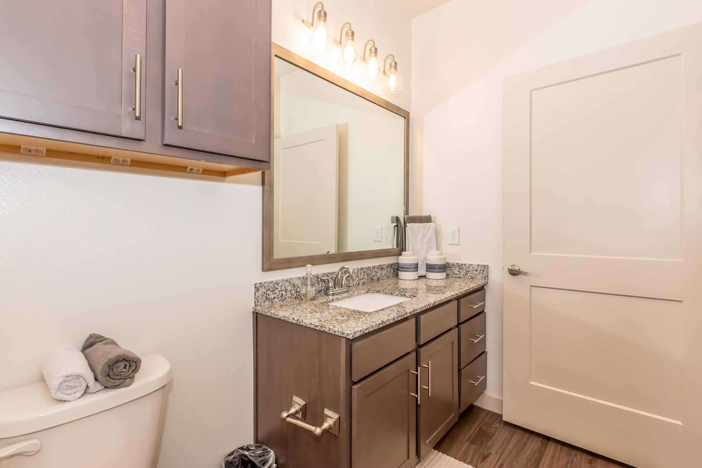 A modern bathroom featuring a dark wood vanity with a granite countertop, a large mirror above the sink, and two stylish light fixtures. There's a toilet with neatly rolled gray towels placed on top, and a door leading out of the room. The floor is finished with dark wooden planks.