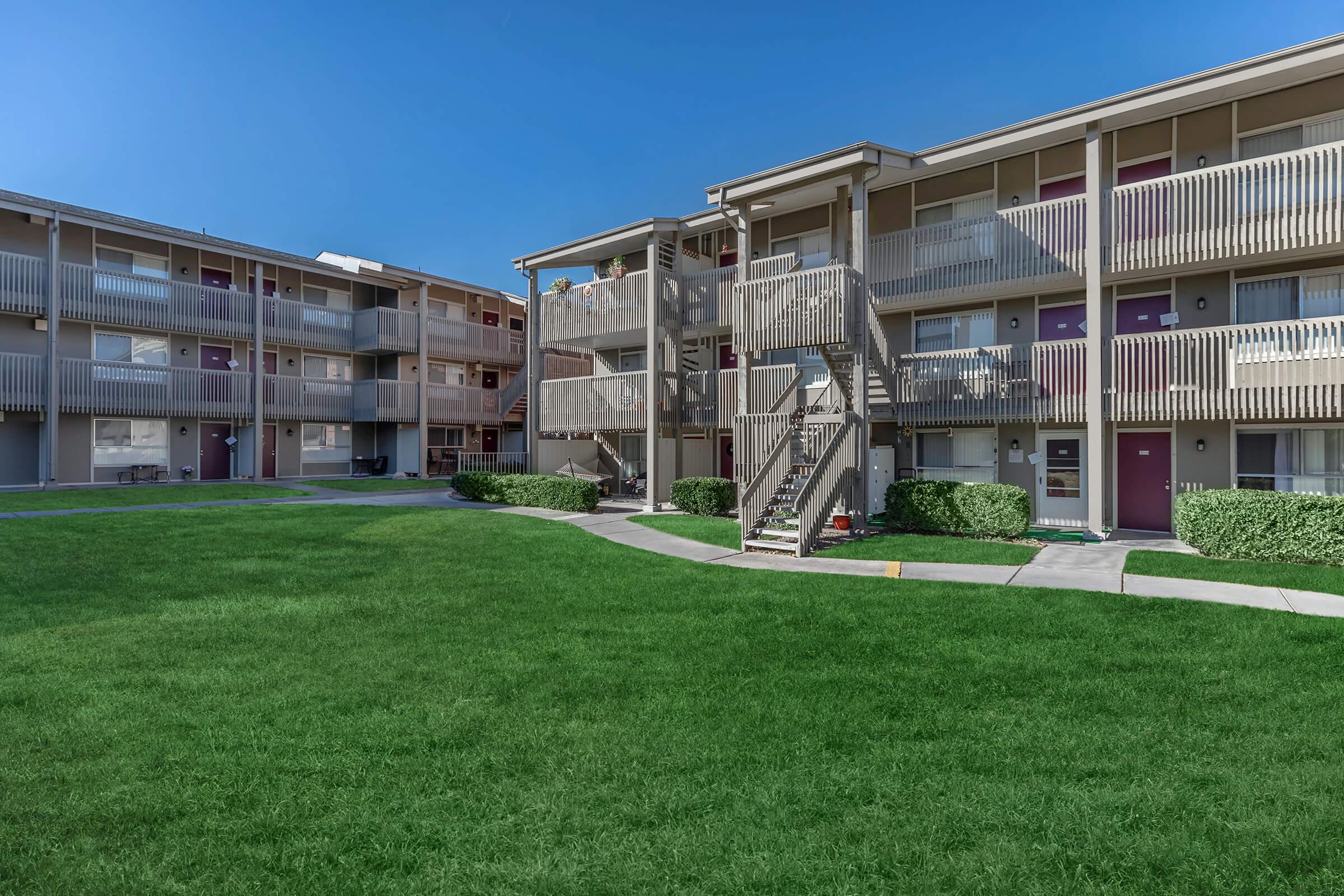 community buildings with green grass