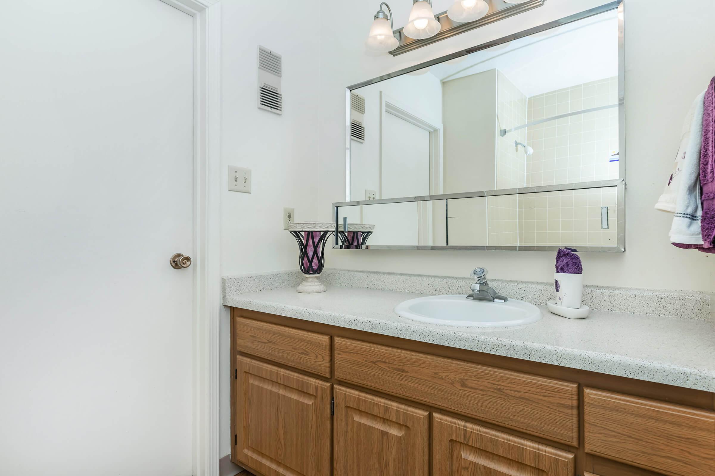 vacant bathroom with wooden cabinets