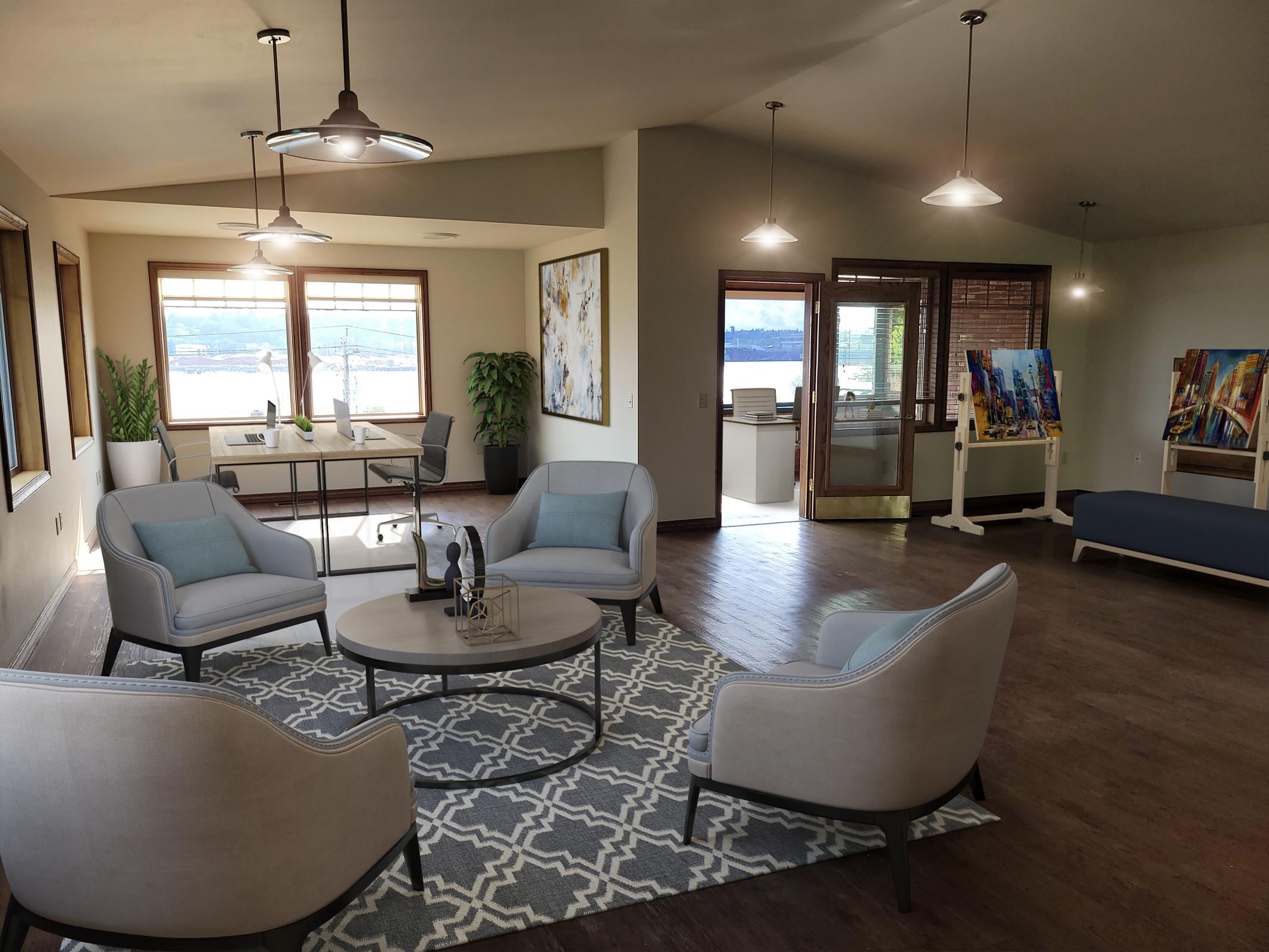 a living room filled with furniture and a fireplace