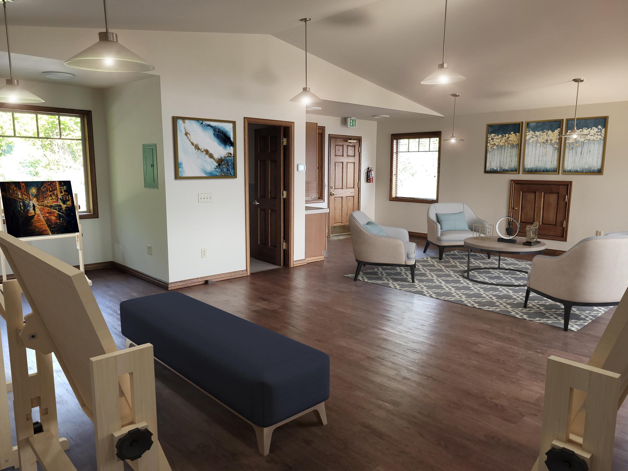 a living room filled with furniture and a tv