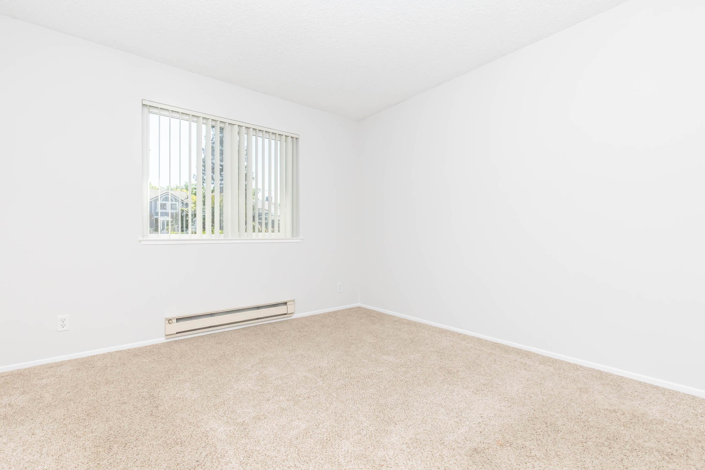 A vacant room with light beige carpet and white walls. A window with vertical blinds lets in natural light, revealing a glimpse of greenery outside. The room has no furniture or decorations, creating a spacious and minimalist appearance.