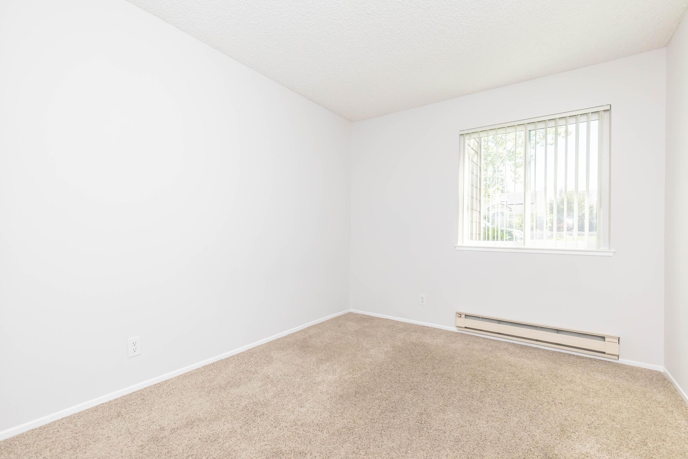 Empty room with light beige carpet and white walls. A window with vertical blinds allows natural light to enter, providing a view of the outdoors. The space appears clean and minimalistic, suitable for various interior design possibilities.