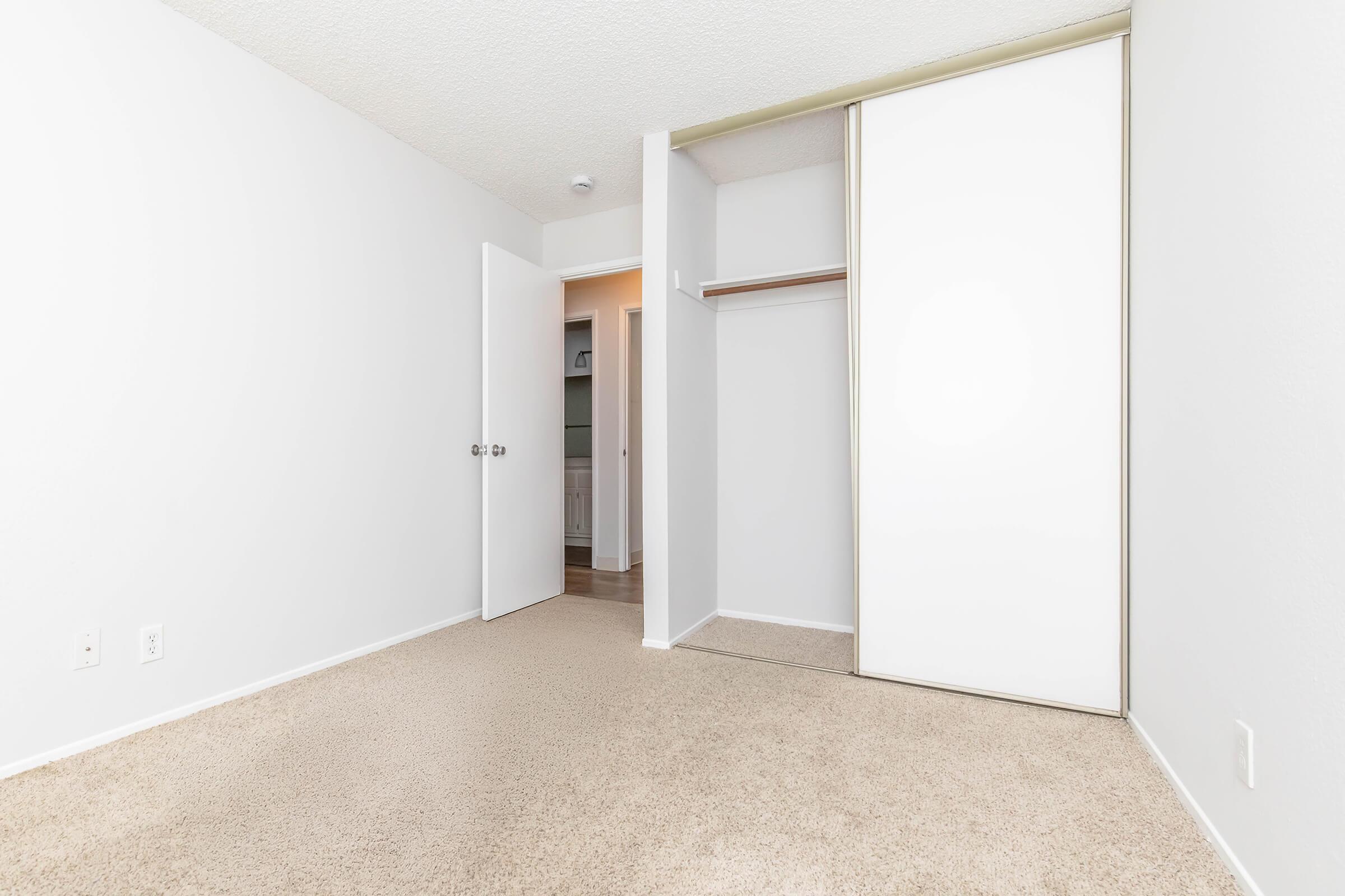 A partially empty room with light beige carpet and white walls. There is an open door leading to another space and a closet with a sliding door on the left. The room is well-lit, conveying a clean and spacious atmosphere, suitable for various purposes like a bedroom or office.