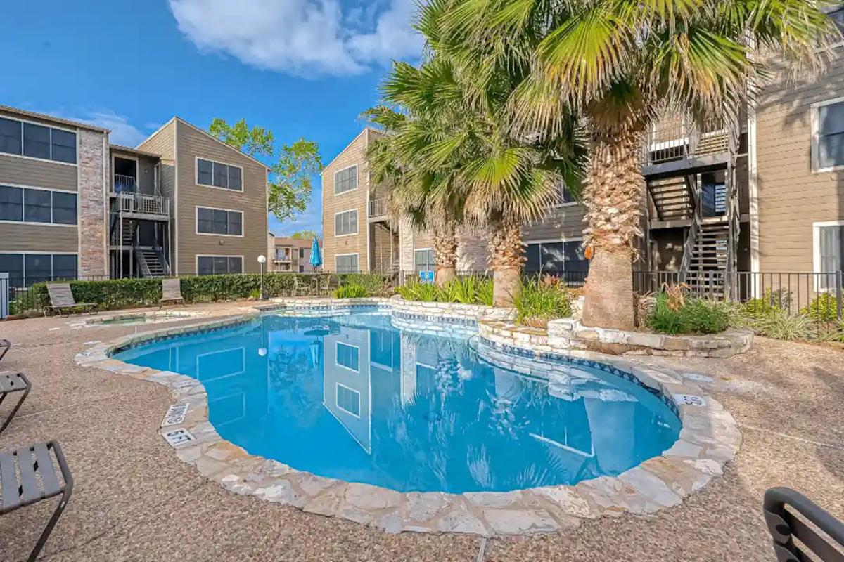 a pool next to a building