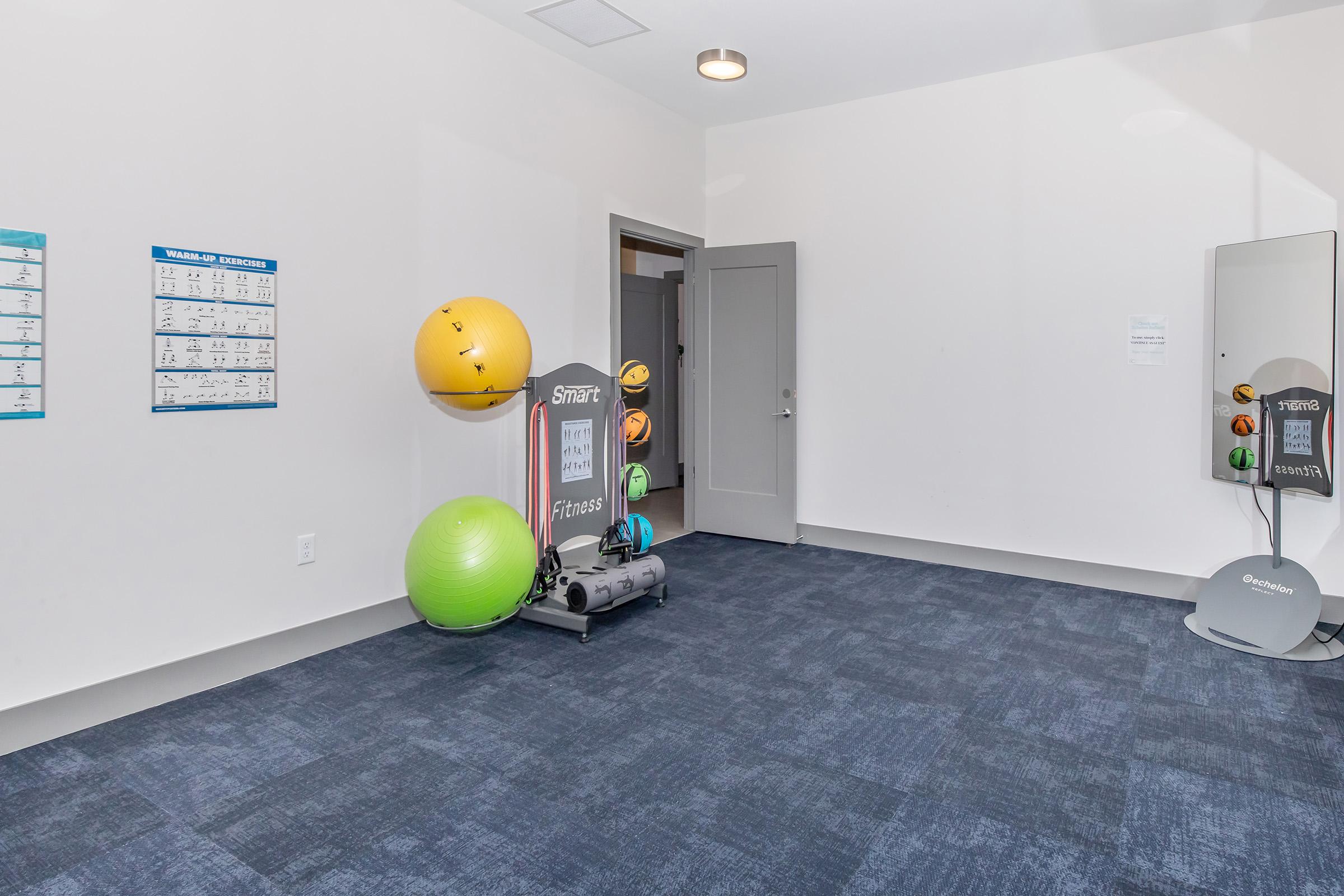 A clean, well-lit exercise room featuring various fitness equipment. A rack displays colorful exercise balls and mats, while a mirror and wall charts are visible. The room has a blue carpet, white walls, and an open door leading to another space.
