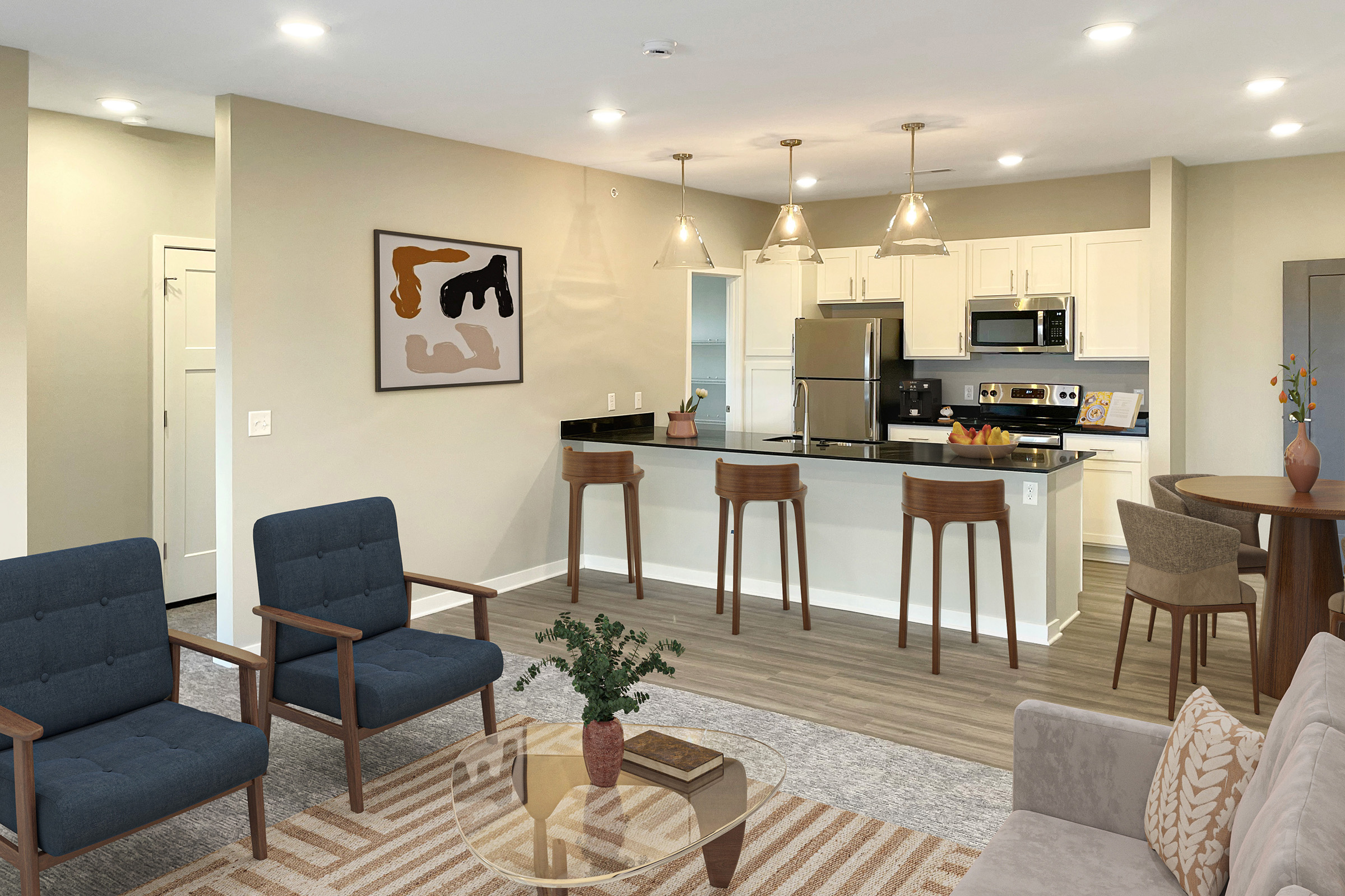 a living room filled with furniture and a fire place