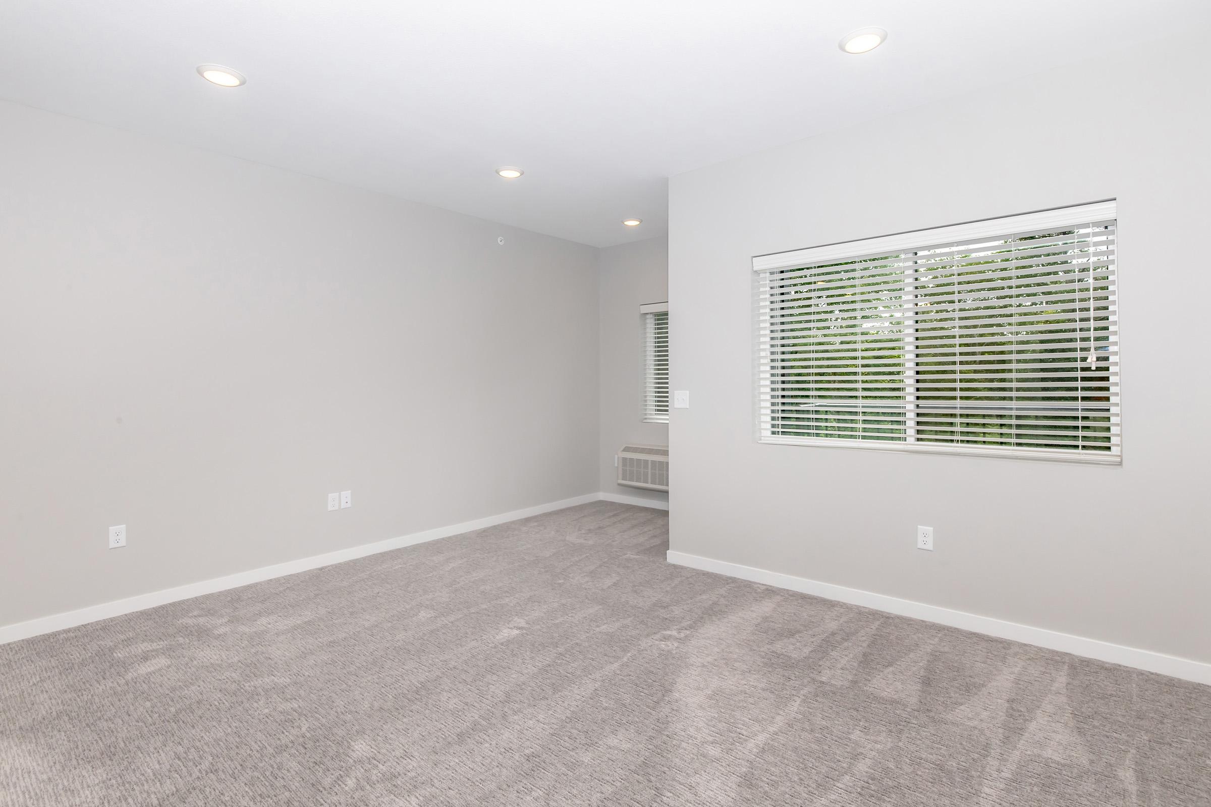 A spacious, vacant room with light gray walls and carpet. There are large windows with white blinds allowing natural light, and a heating unit is visible on one wall. The overall ambiance is bright and airy, creating a minimalist and serene atmosphere.