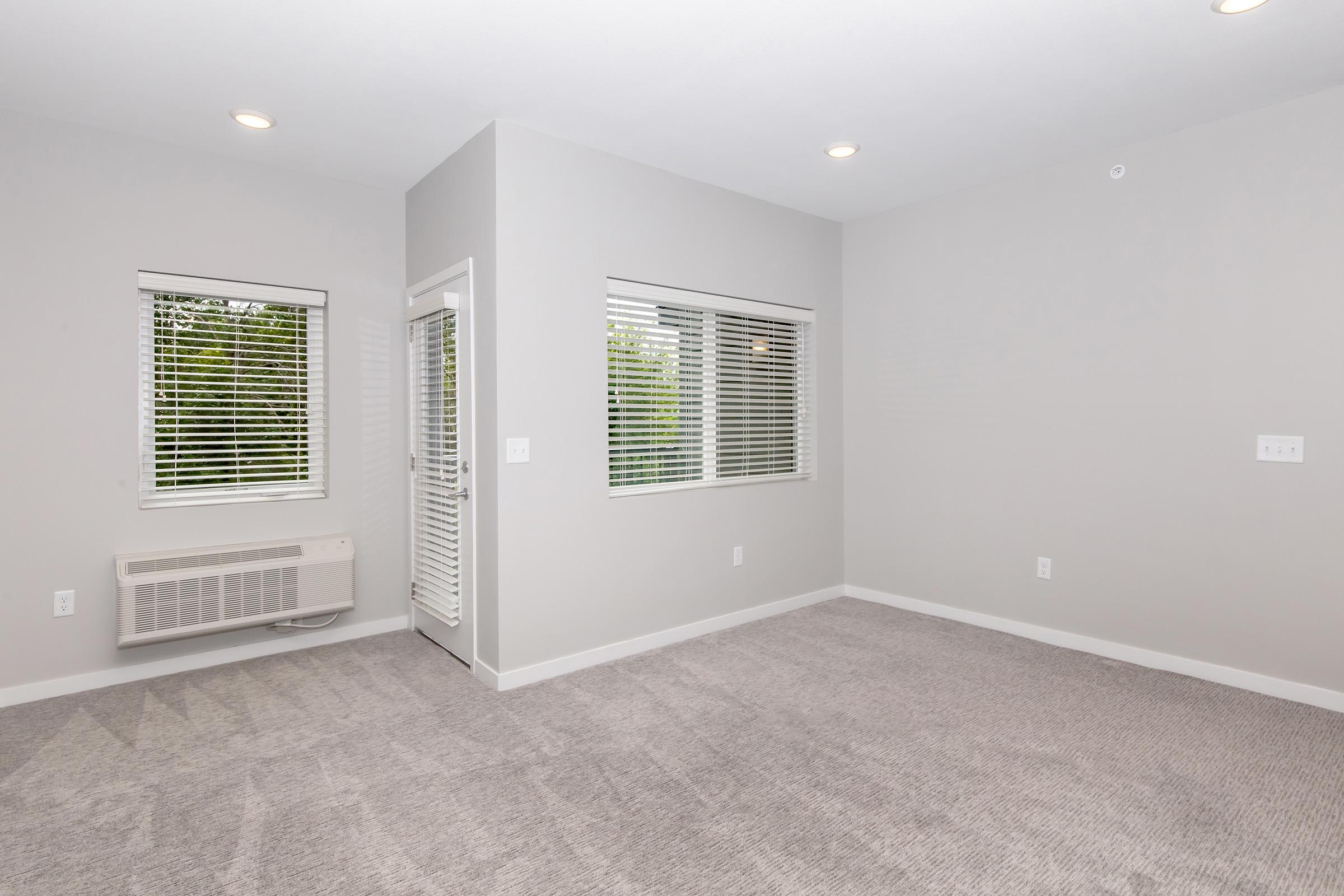 Empty room with light gray walls and carpeted floor. There are two windows with white blinds letting in natural light. An air conditioning unit is mounted on the wall, and a door leads outside. The overall space is clean and modern, designed for versatile use.