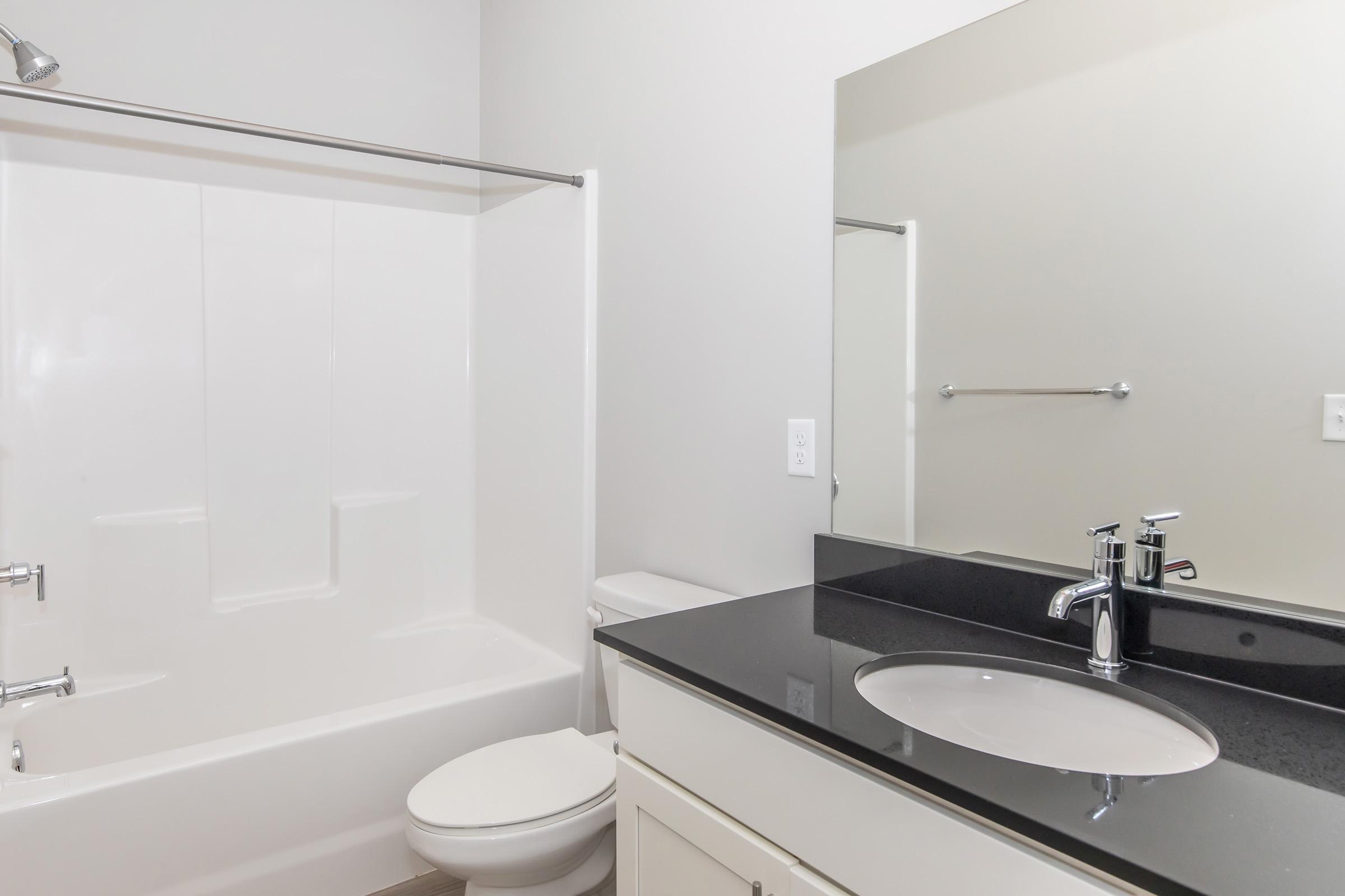 A clean and modern bathroom featuring a white bathtub and shower combination, a sleek black countertop with a circular sink and a polished faucet, a large mirror above the sink, and neutral-colored walls. The toilet is positioned next to the sink for a streamlined look.