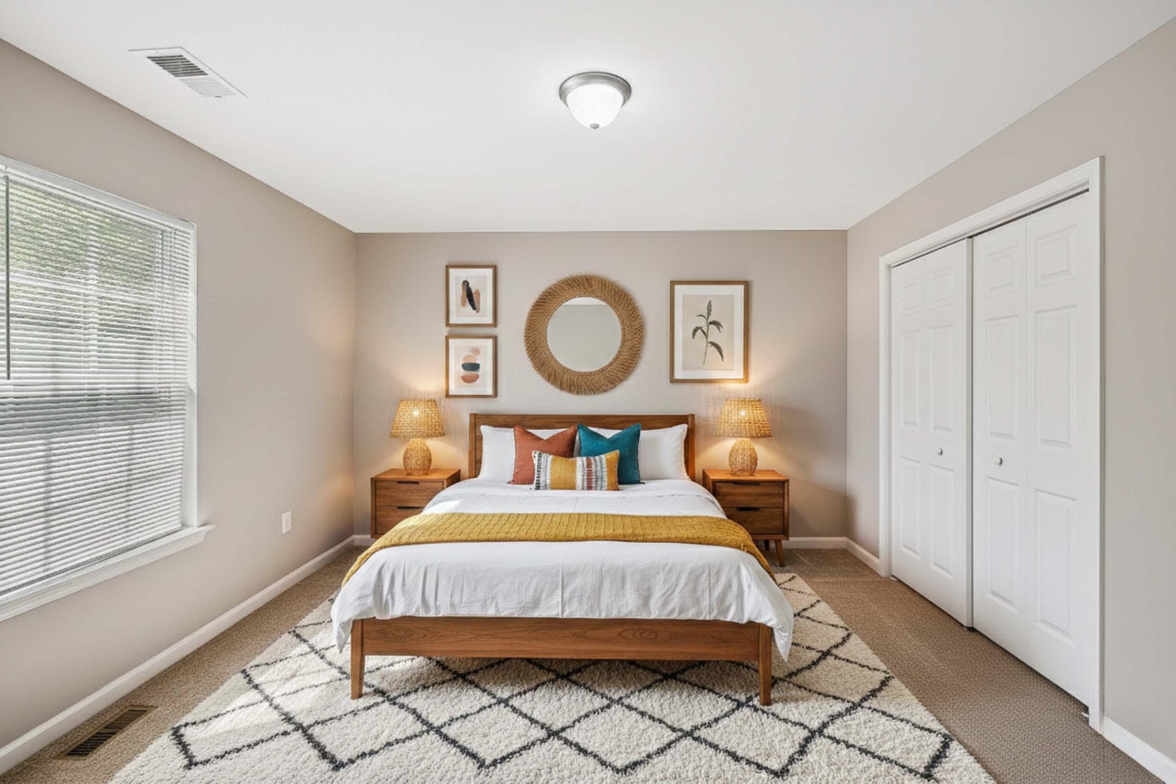 A cozy bedroom featuring a large bed with white and mustard-colored linens, bedside tables with lamps, framed wall art, and a round decorative mirror. The room has light-colored walls, a textured area rug, and a window allowing natural light. There are built-in closets with double doors.