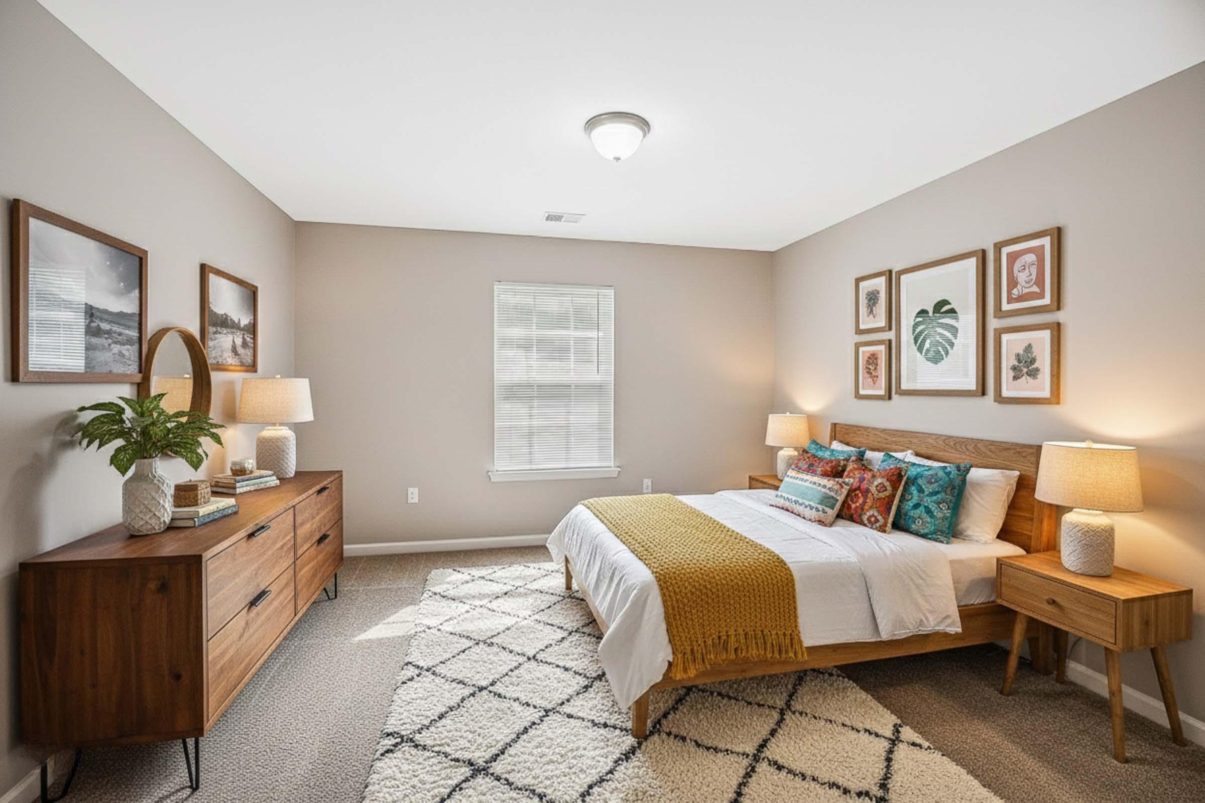 A cozy bedroom featuring a queen-sized bed with colorful pillows and a mustard throw blanket. There's a wooden dresser and side tables with lamps, and framed artwork on the walls. Natural light comes in through a window, creating a warm and inviting atmosphere.