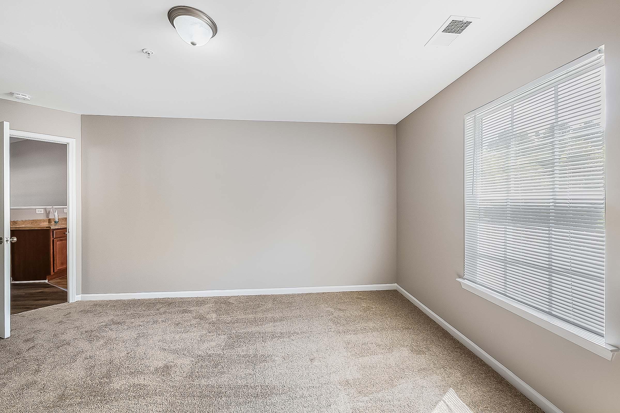 A spacious, empty room with light beige walls and carpet. A window with white blinds allows natural light to enter. A door to the left leads to another area, possibly a bathroom, as indicated by the cabinetry in the background. The ceiling features a simple light fixture.