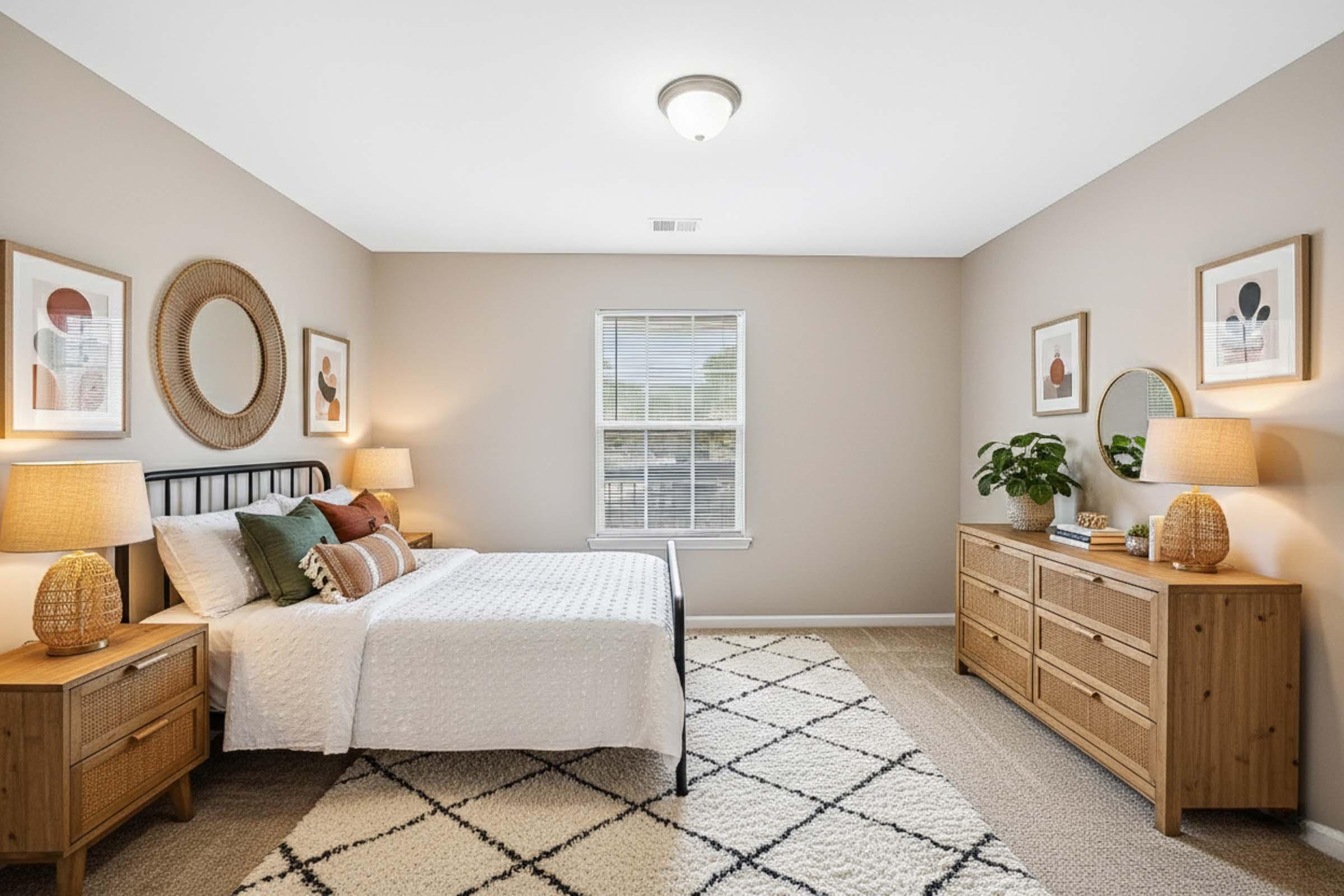 A cozy bedroom featuring a queen-sized bed with white bedding, two decorative pillows, and a woven throw. Flanking the bed are two wooden nightstands with lamps. The room has neutral tones, framed artwork on the walls, a large window with sheer curtains, and a dresser. A potted plant adds a touch of greenery to the space.