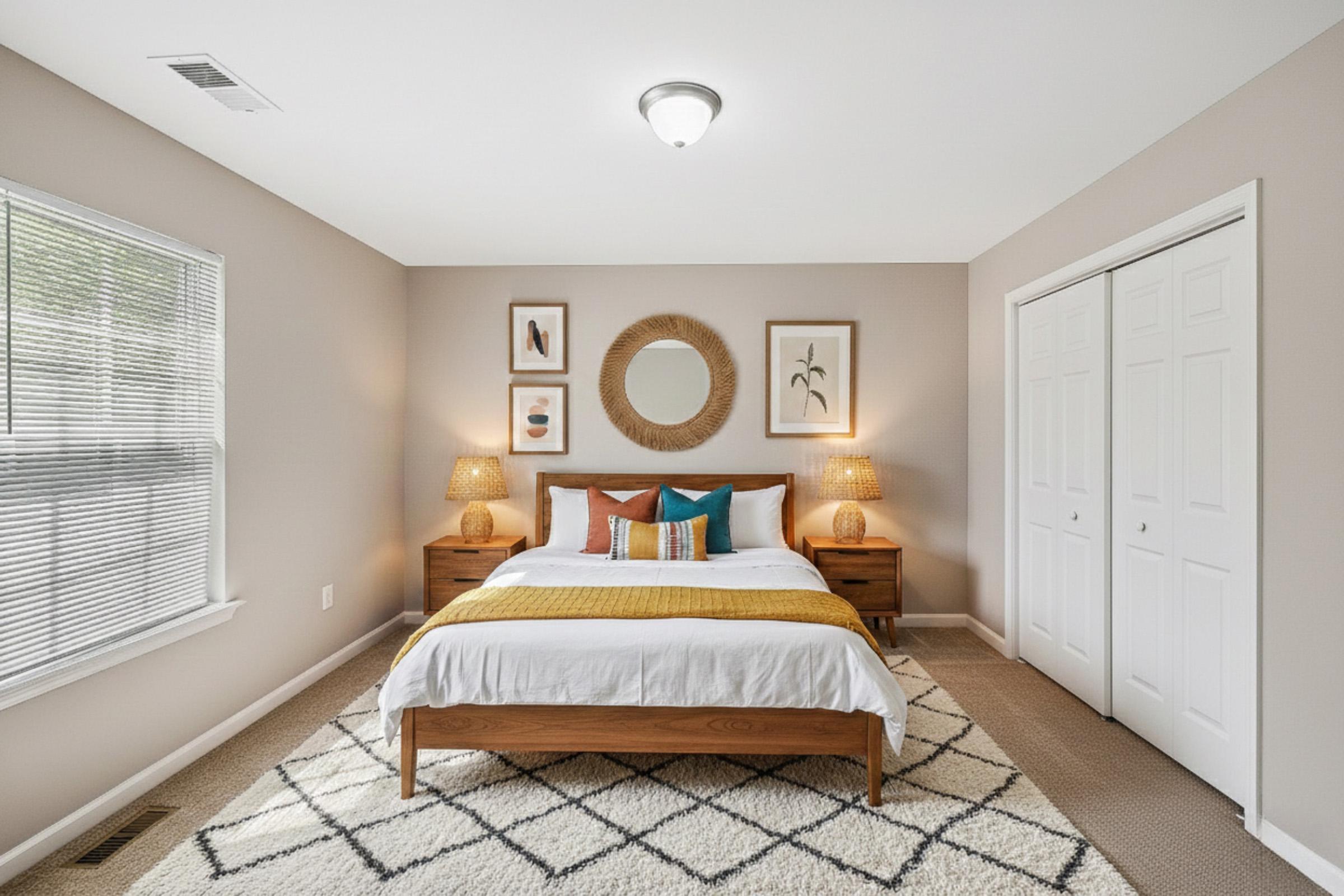 A cozy bedroom featuring a large bed with white and patterned bedding. Two bedside lamps illuminate the space, complemented by a round mirror and framed artwork on the walls. The room has neutral tones, a textured rug, and a closet with double doors, creating a warm and inviting atmosphere.
