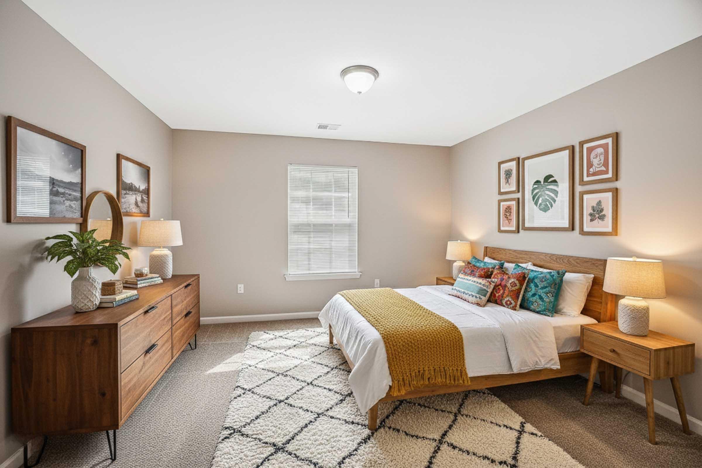 Cozy bedroom featuring a wooden bed with white bedding and colorful throw pillows. Two bedside tables with lamps flank the bed, and a wooden dresser sits against the wall. Decorated with framed artwork and a potted plant, the room has warm taupe walls and soft carpeting, creating a welcoming atmosphere.