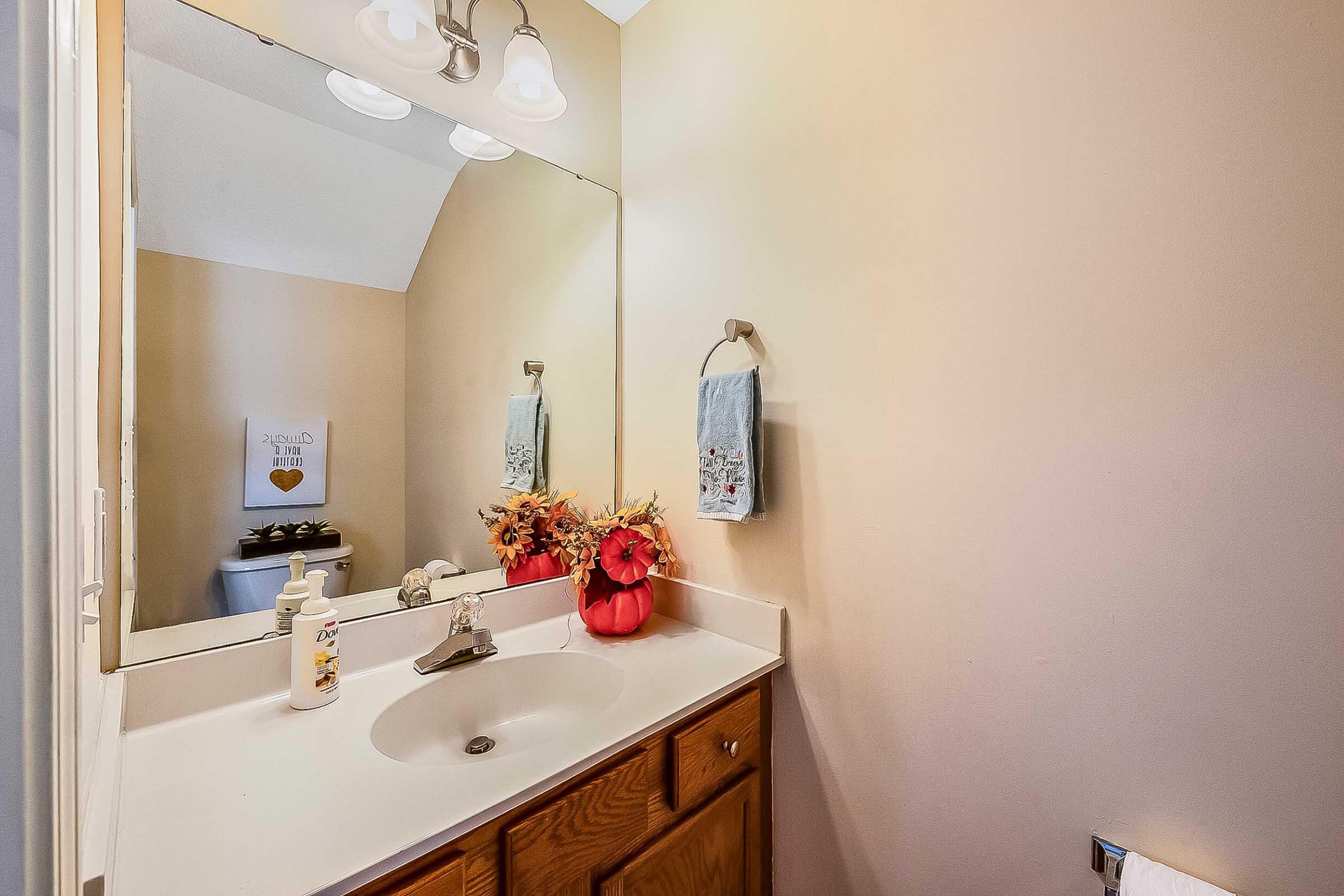A well-lit bathroom featuring a vanity sink with a mirror above it. There are decorative items, including a bright red floral arrangement and a towel hanging on the wall. The walls are painted a light beige, and there’s a small decorative sign visible near the toilet.