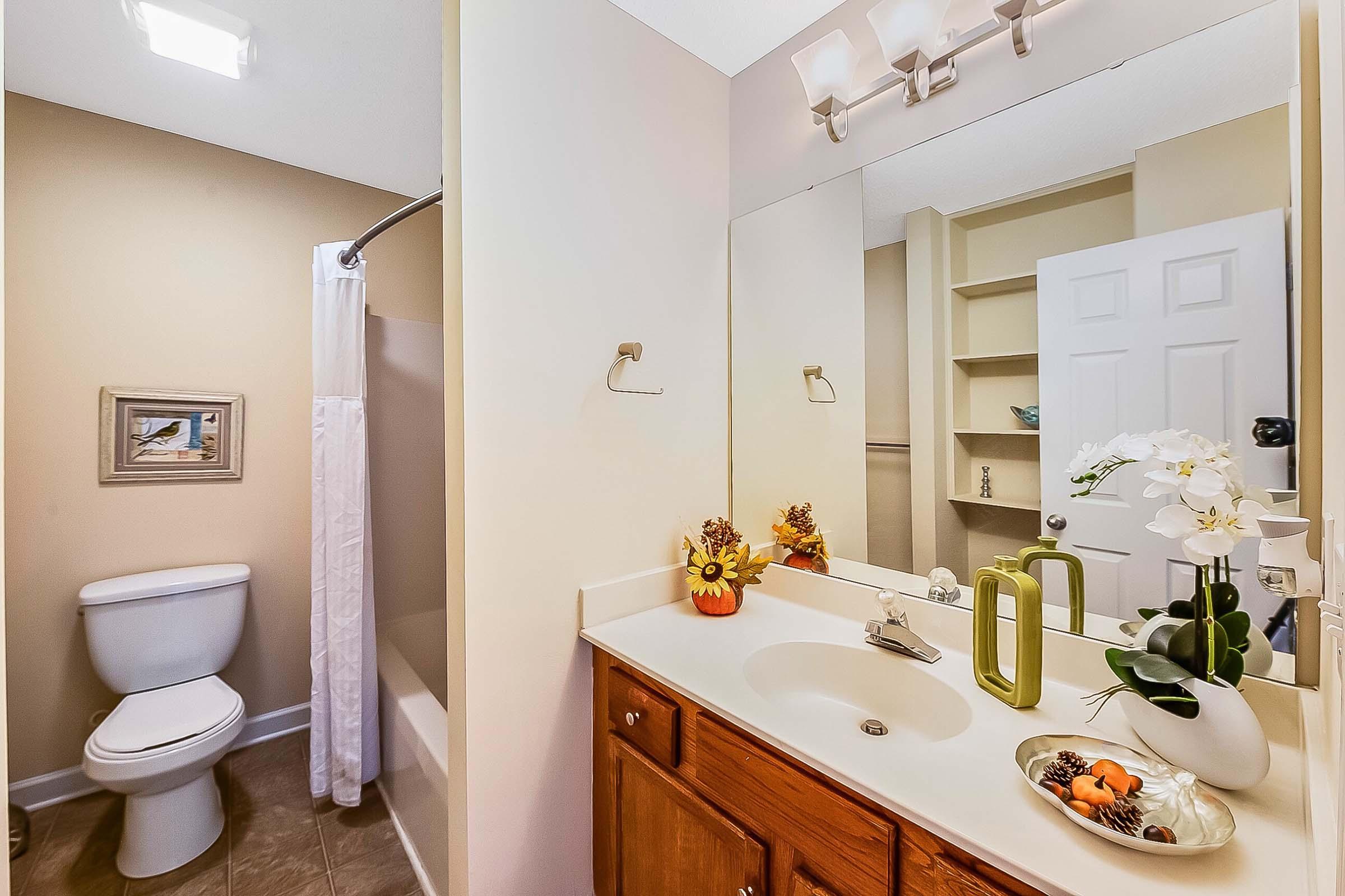 A clean bathroom featuring a white toilet, a shower with a curtain, a vanity with wooden cabinets, a sink, and a decorative bowl with fruit. The walls are a warm beige color, and there’s a mirror above the sink. A small framed picture and a vase of flowers add decorative touches to the space.