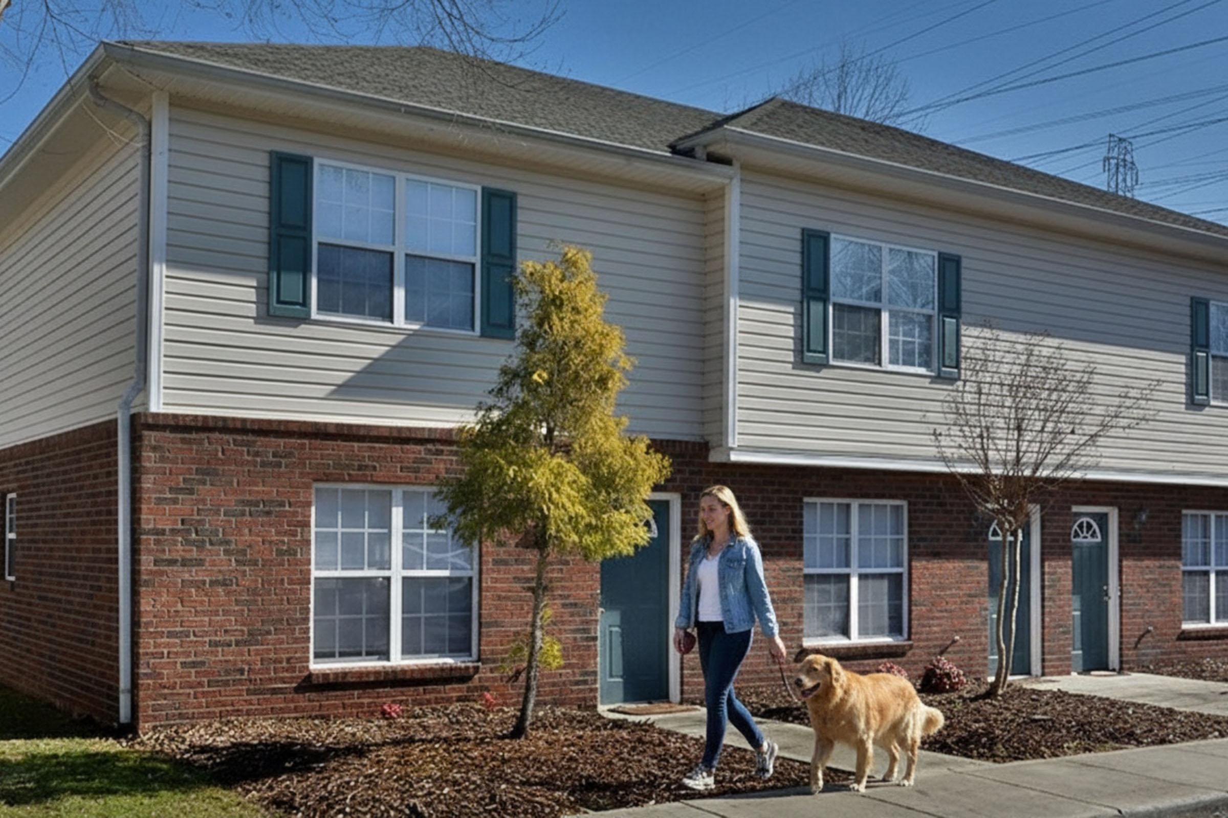 A woman walks her golden retriever in front of a two-story residential building. The building features a mix of brick and siding, with green shutters on the windows and a small tree in the foreground. The sky is clear, indicating a sunny day.