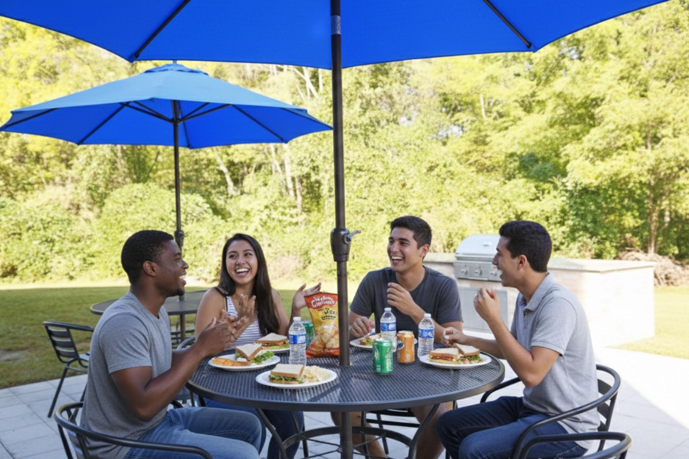 Four friends sitting around a table enjoying a meal outdoors. They have plates with food, snacks, and drinks. Two large blue umbrellas provide shade, and a grill is visible in the background. The group appears to be laughing and having a good time in a lush green setting.