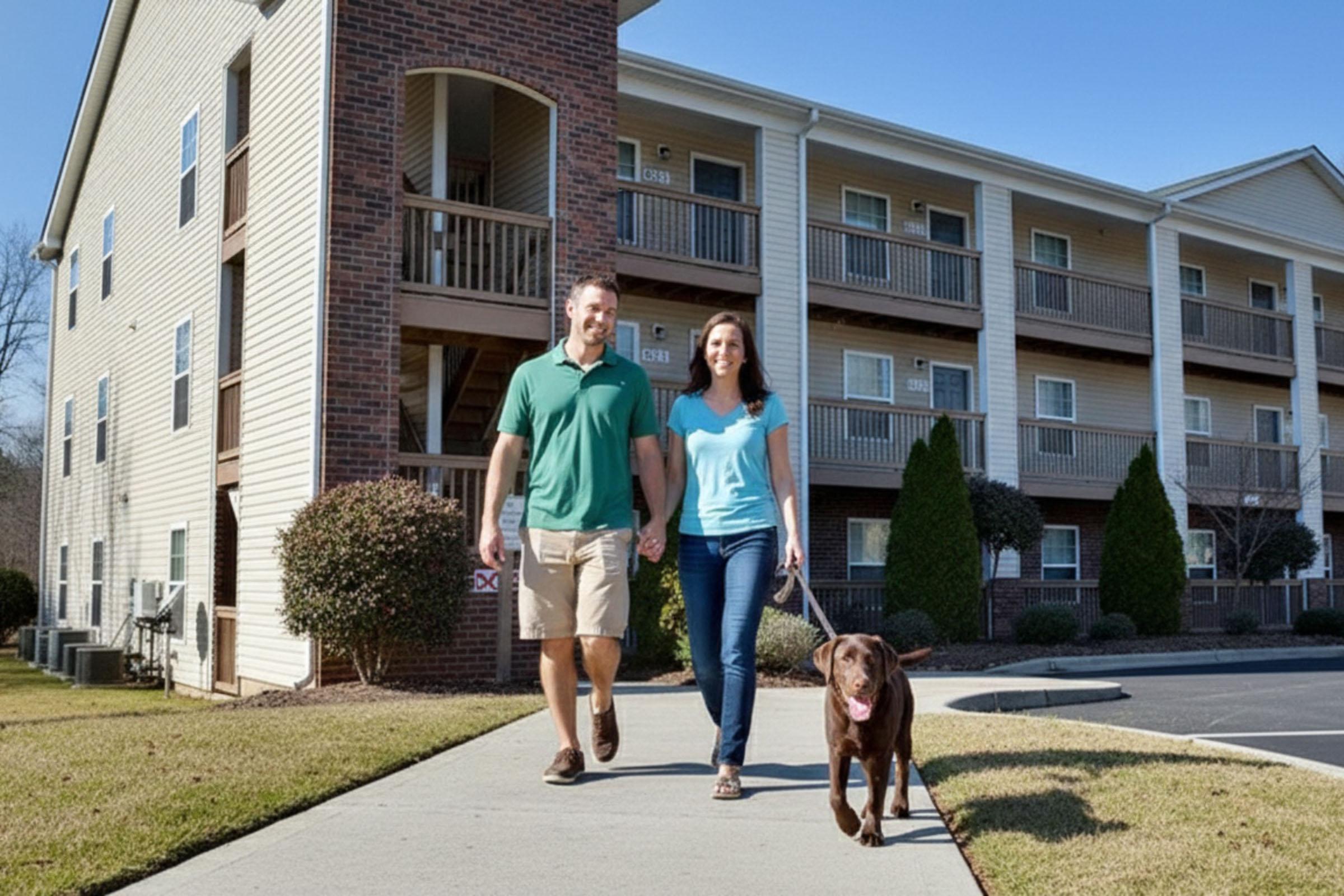 A man and woman walk hand in hand with a brown dog along a sidewalk in front of a multi-story apartment building. The lawn is well-maintained, and the sky is clear and sunny, indicating a pleasant day. The couple appears happy and relaxed.