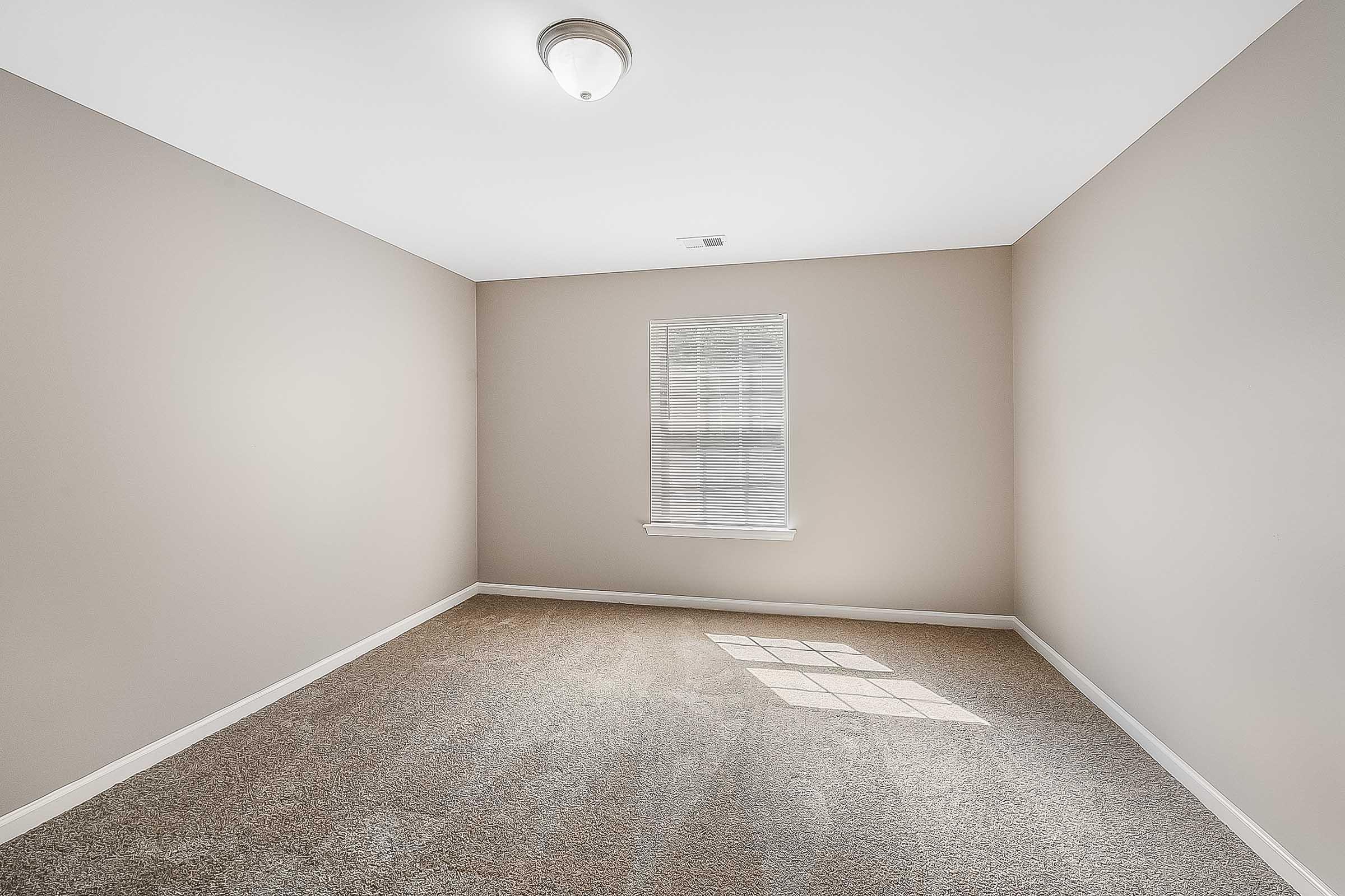 Empty room with light brown walls and plush carpet. A single window with white blinds allows natural light to enter, creating a shadow on the floor. A simple ceiling light fixture is visible. The overall atmosphere is calm and neutral, suitable for various uses or decor.