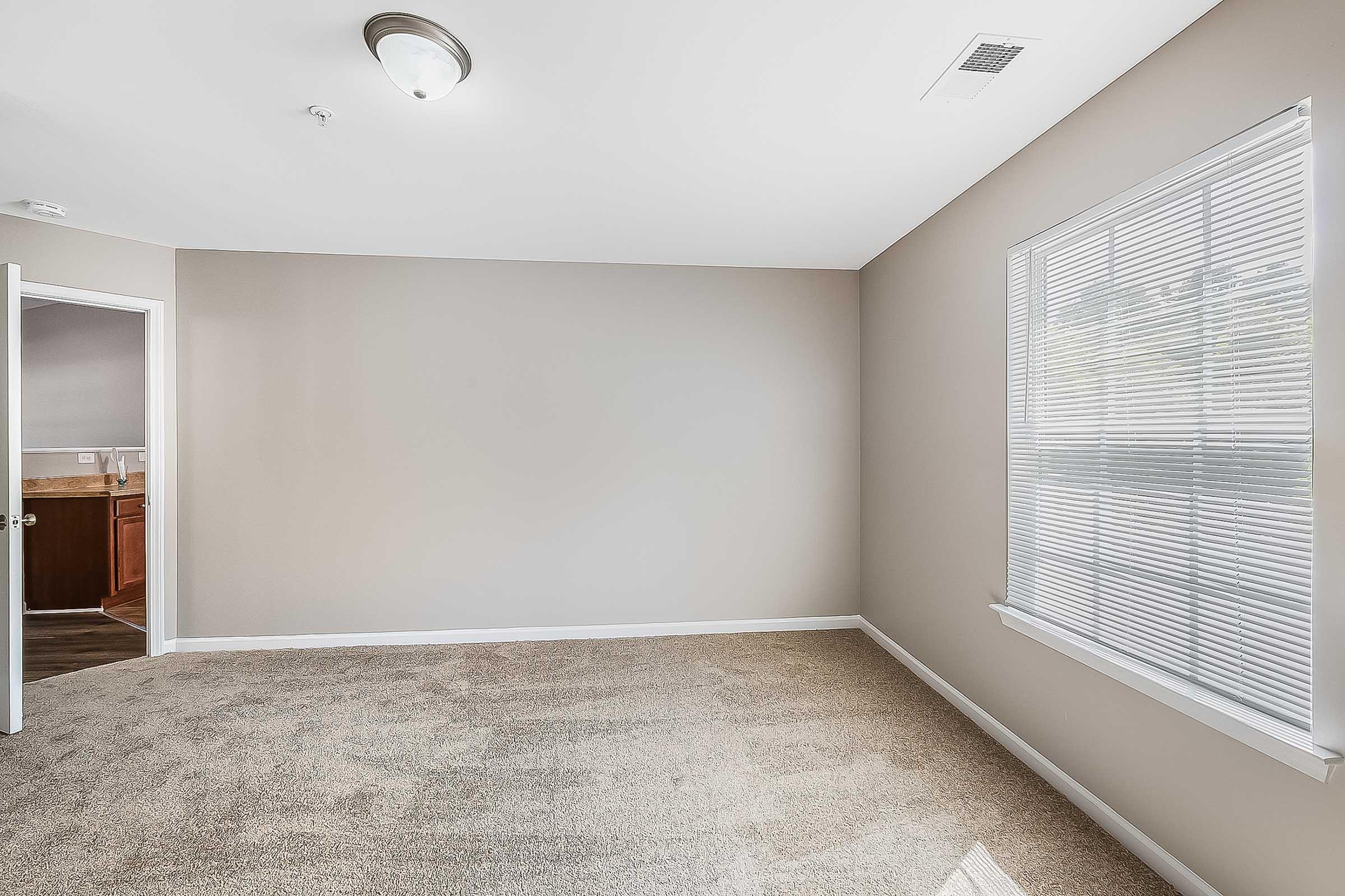 A spacious, empty room with light beige walls and plush carpet. A window with blinds allows natural light to enter, while a door on the left leads to another area, possibly a bathroom. The ceiling features a simple light fixture, enhancing the bright and airy feel of the space.