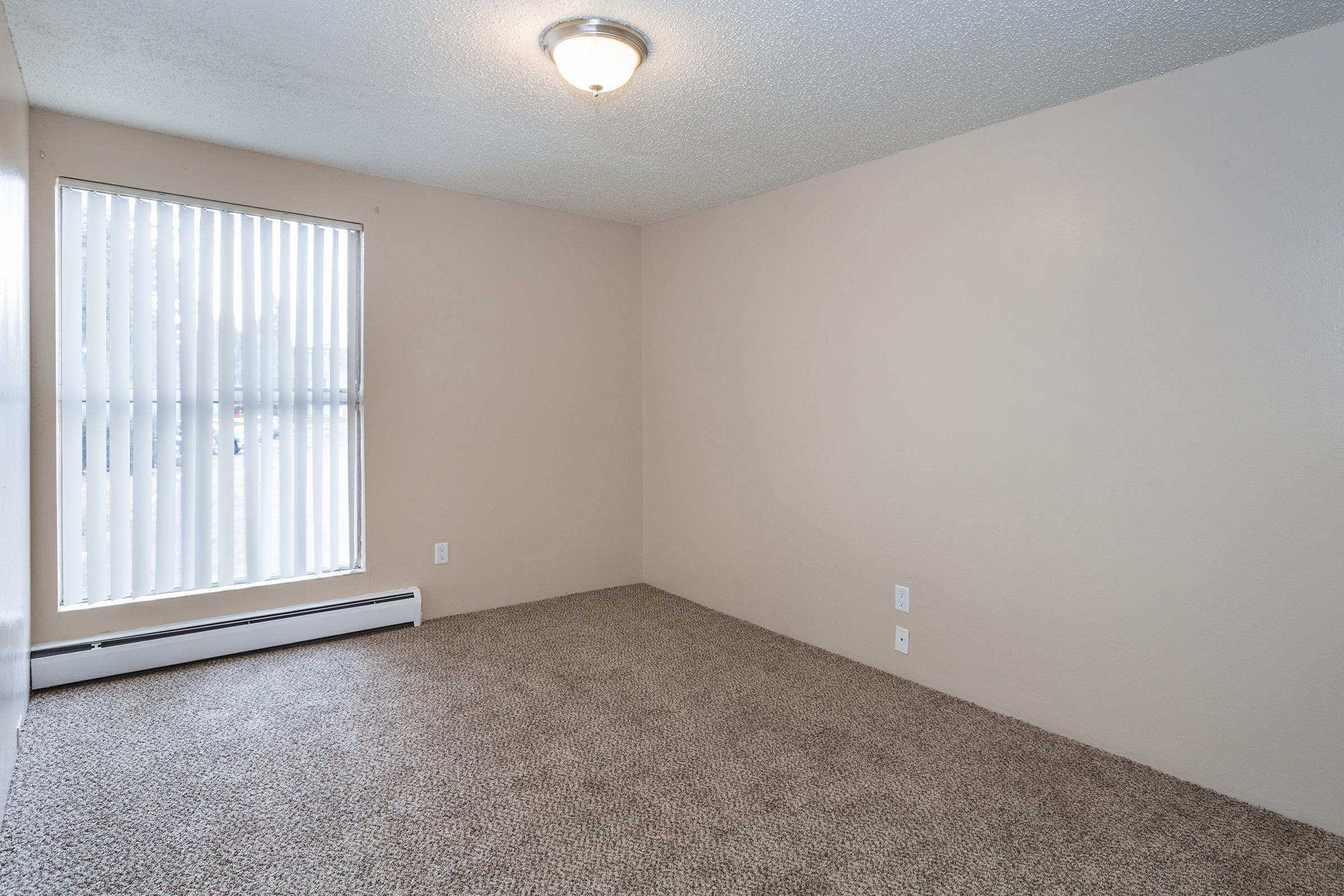 A bare room with light beige walls and carpeted flooring. There is a single window with vertical blinds letting in natural light. A ceiling light fixture is present. The room appears empty, suitable for furniture placement.