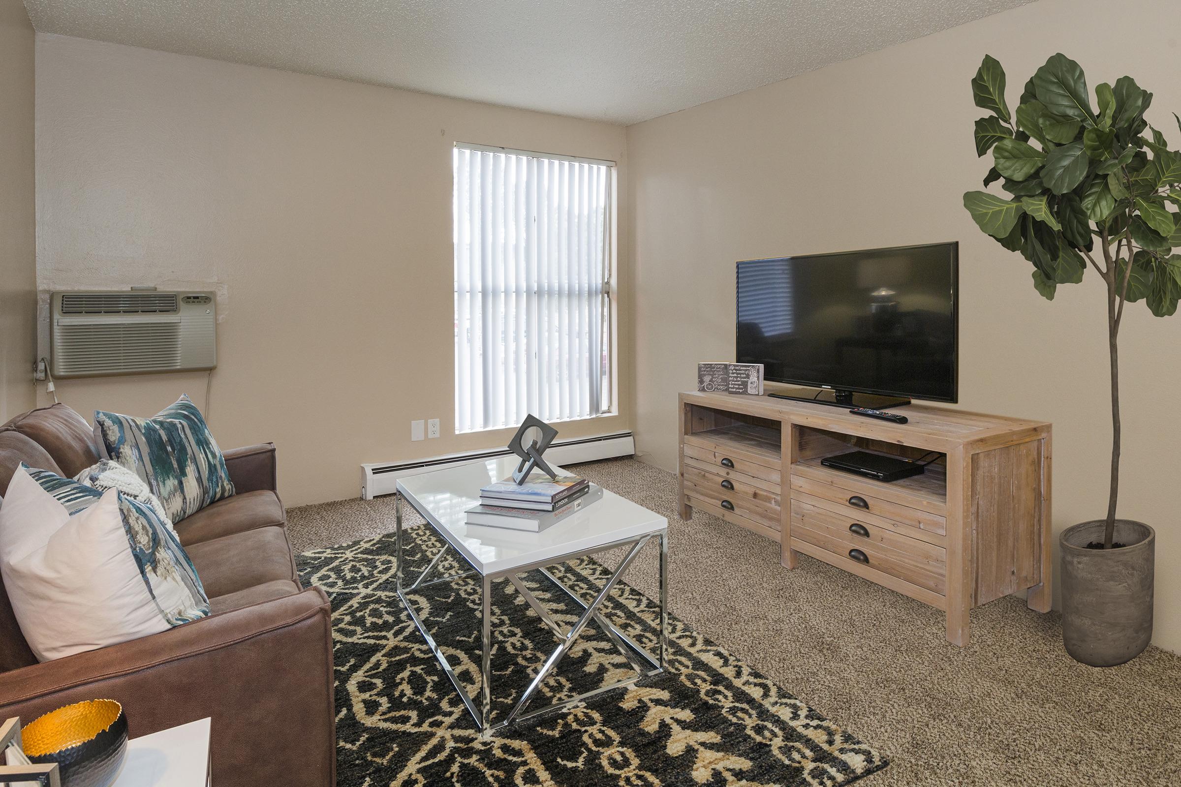 A cozy living room featuring a brown leather sofa with decorative pillows, a glass coffee table, and a TV on a wooden console. There's an air conditioning unit on the wall and a large window with vertical blinds. A plant adds a touch of greenery to the space, which is accented by a patterned rug.