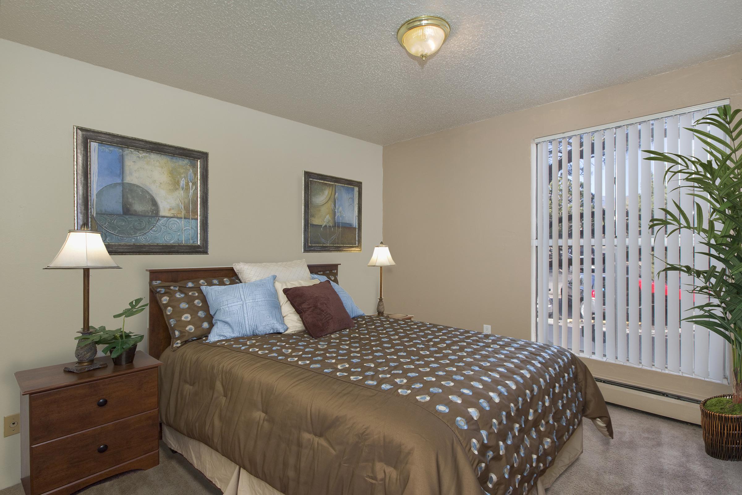 A cozy bedroom featuring a bed with brown and white polka dot bedding, a wooden nightstand with a lamp, and two framed artworks on the wall. A tall indoor plant adds greenery to the space, and large windows with blinds allow natural light to enter, creating a warm atmosphere.