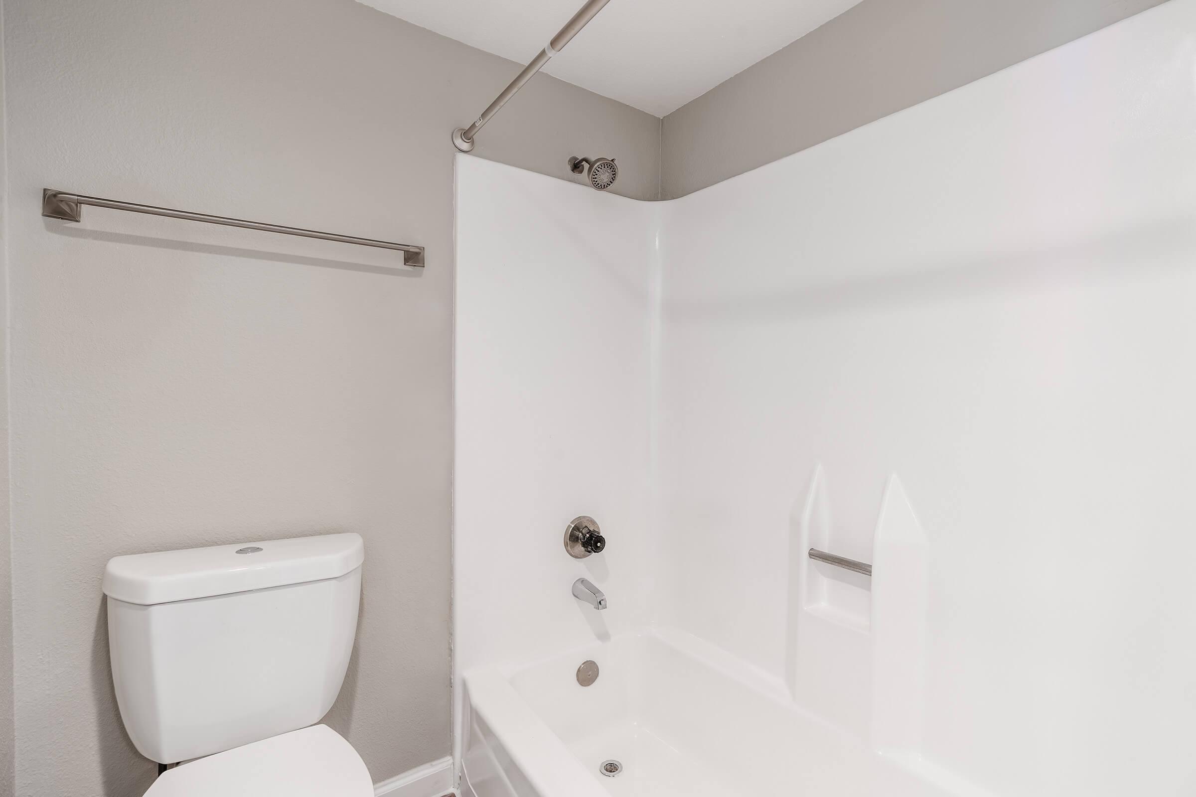 Renovated spacious shower and toilet in a Mesa apartment bathroom