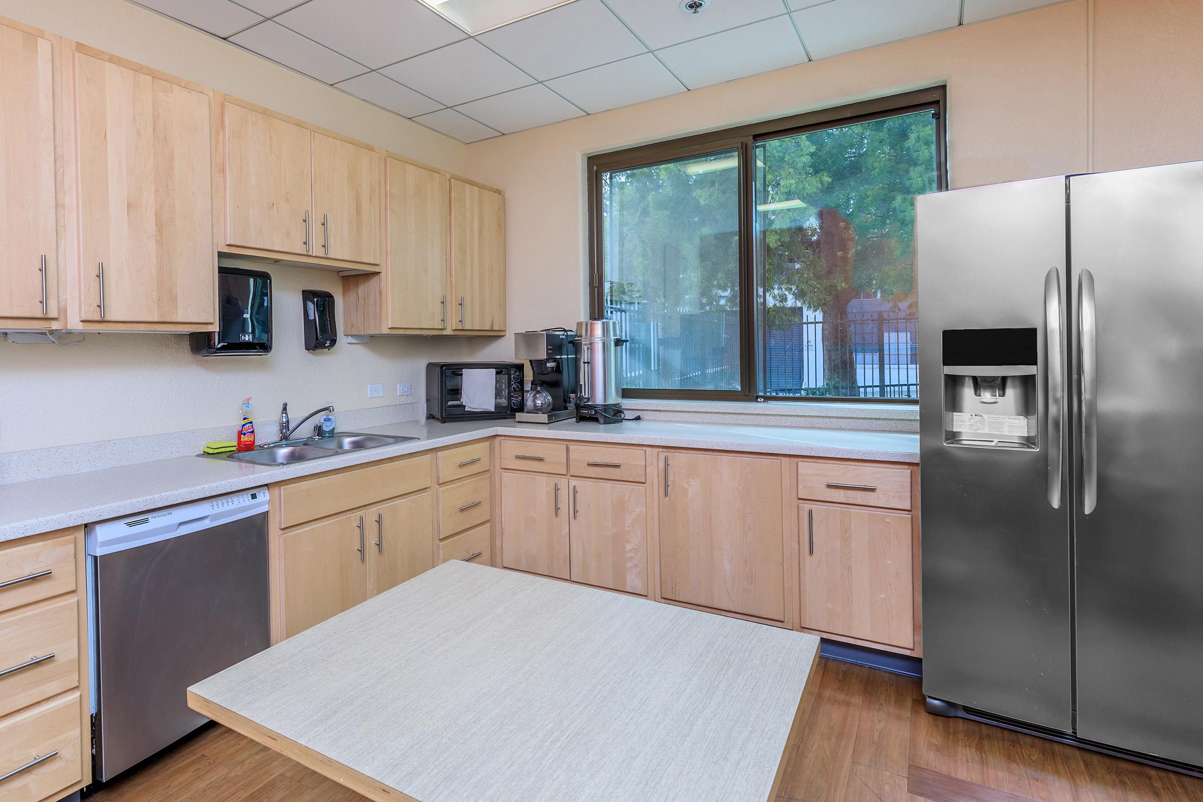 Community kitchen with stainless steel appliances