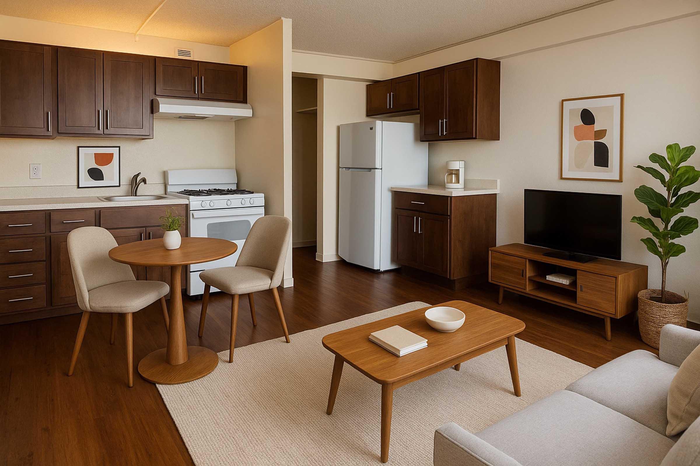 A modern living space featuring a kitchen area with a stove and refrigerator, a small dining table with two chairs, a comfortable sofa, a television on a wooden stand, and decorative plants. The walls are light-colored, and abstract artwork adds a touch of style. A cozy rug covers the floor.
