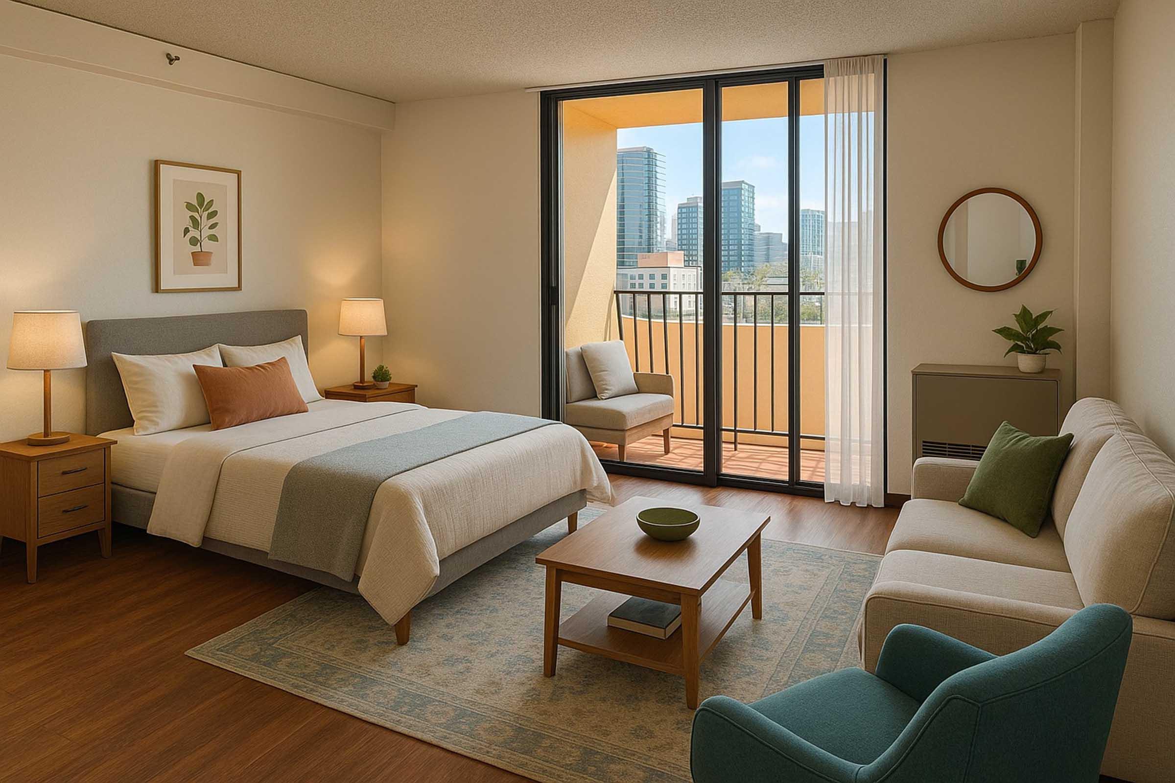 A cozy hotel room featuring a queen bed with neutral bedding, a small coffee table, and a sofa. Two lamps provide warm lighting, while a large window reveals a city view with modern buildings. A round mirror hangs on the wall, and a green plant adds a touch of nature.