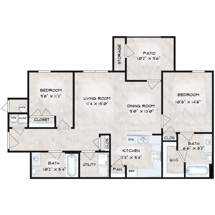 2 Bed 2 Bath floor plan image