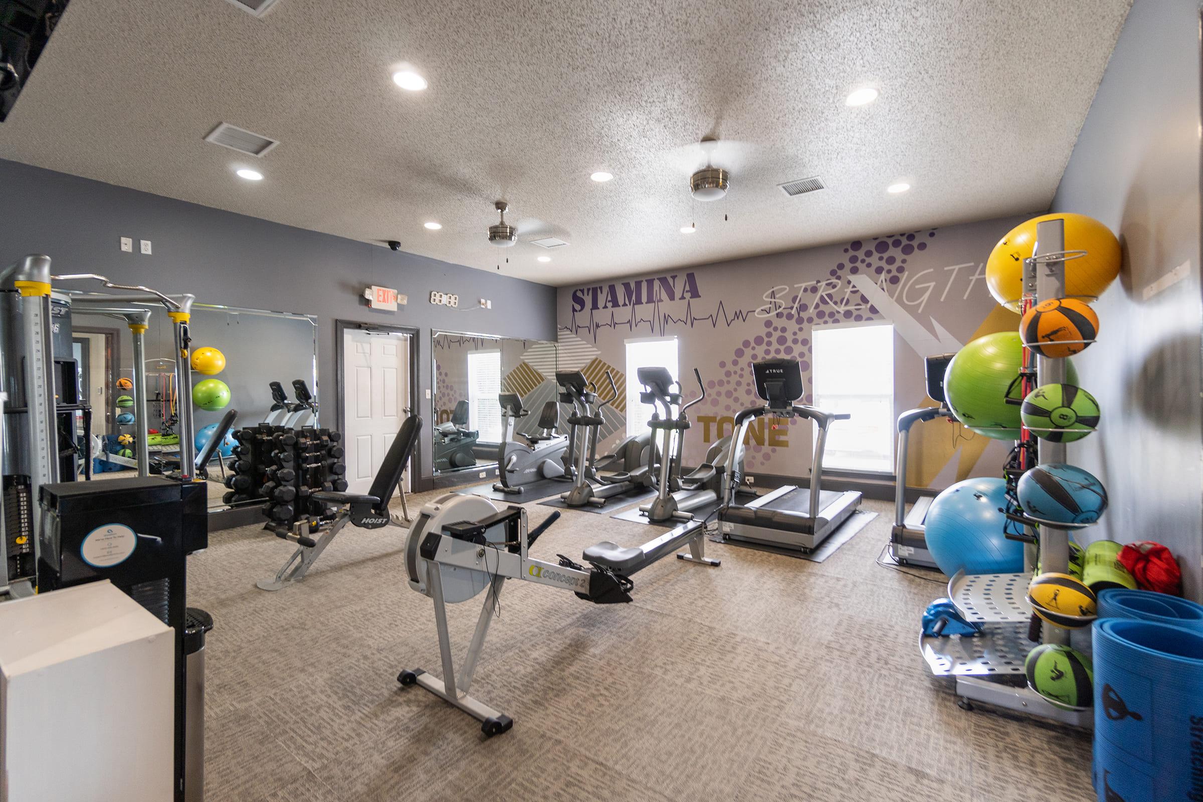 A well-equipped fitness room featuring various exercise machines, including treadmills and a rowing machine, alongside free weights. Colorful exercise balls and stability balls are neatly arranged on racks. The walls are decorated with motivational words related to fitness. Natural light enters through windows.