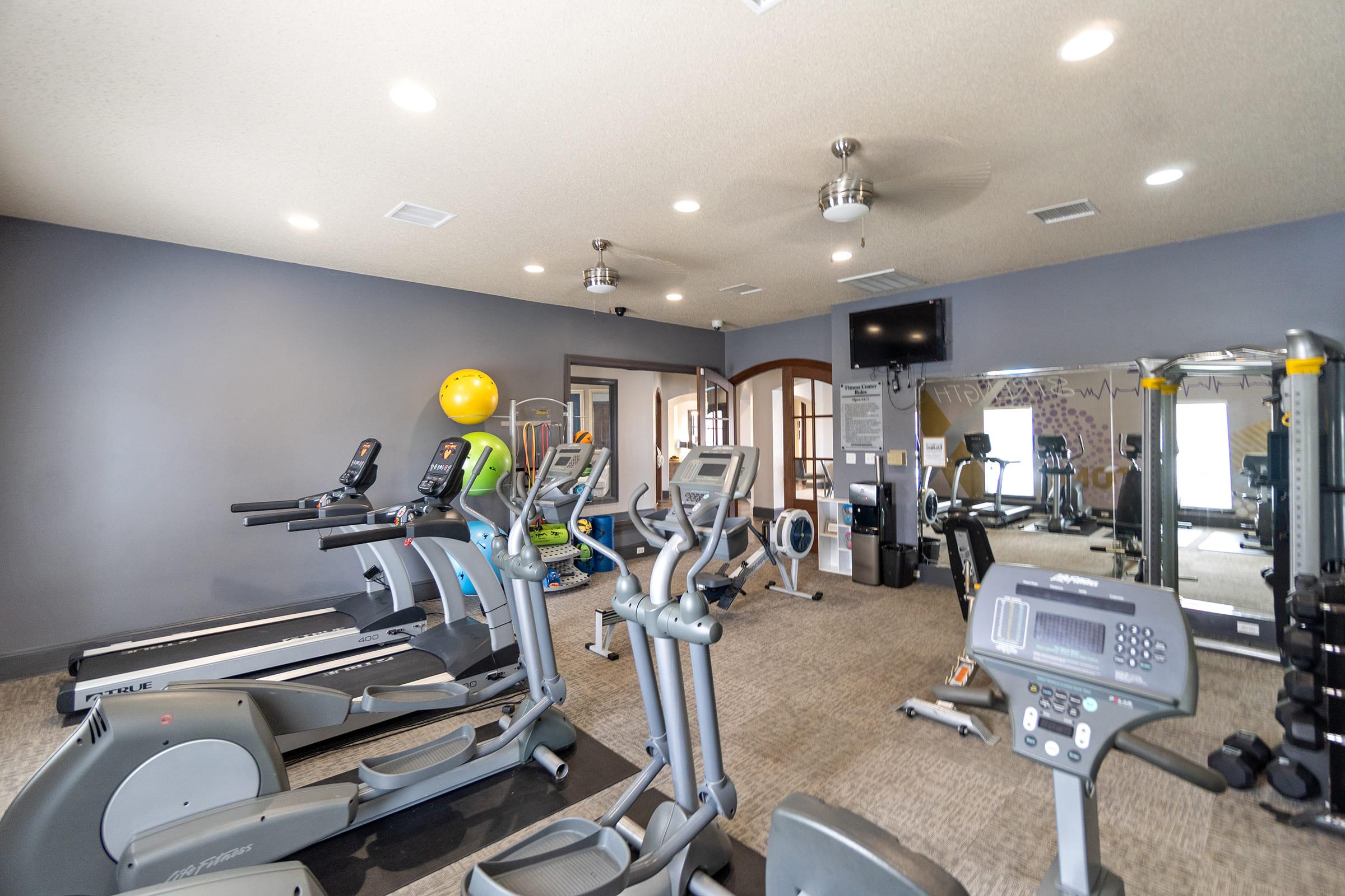 A well-equipped gym featuring various exercise machines including treadmills, ellipticals, and stationary bikes. There are weights and fitness balls, with a large mirror and television on the wall. The space is bright and modern, suggesting an inviting atmosphere for workouts.