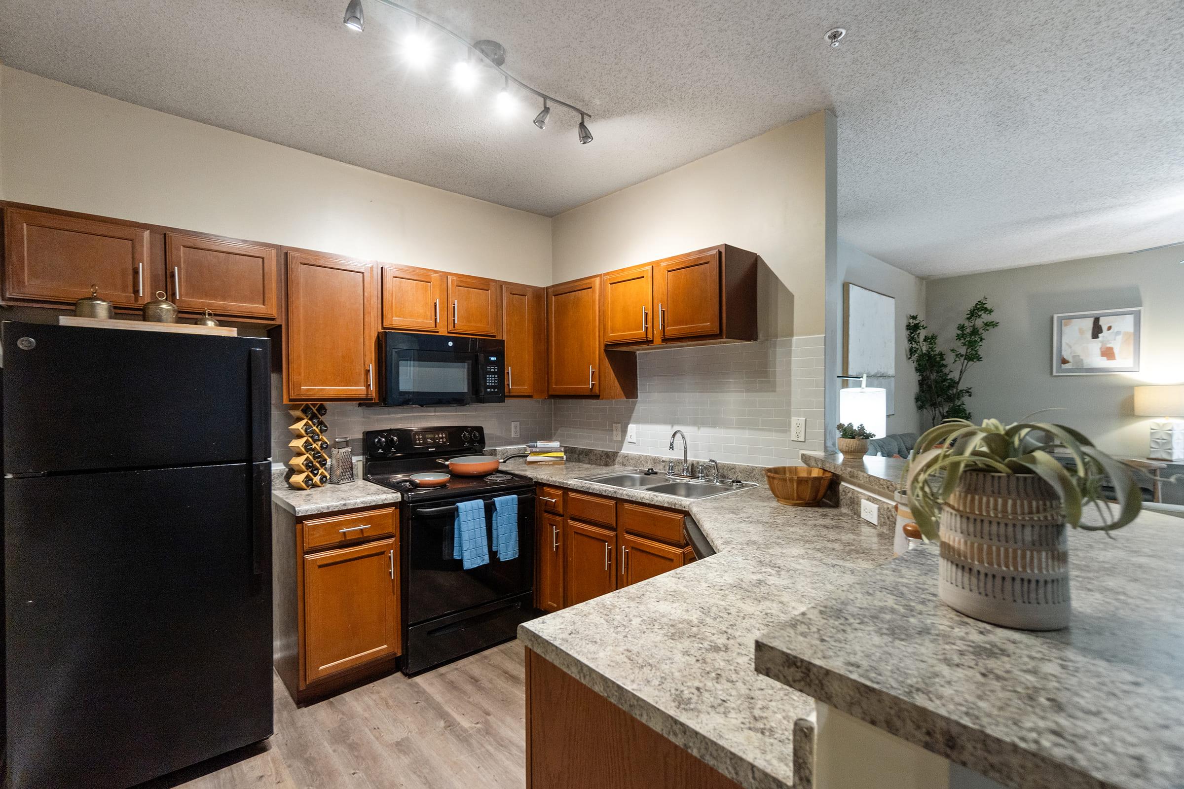 Modern kitchen featuring dark wood cabinets, a black refrigerator, and a black stove with a microwave above. Countertops are a light granite with a small potted plant on the left. The kitchen is well-lit with track lighting and includes a dining area visible in the background with greenery and decorative elements.