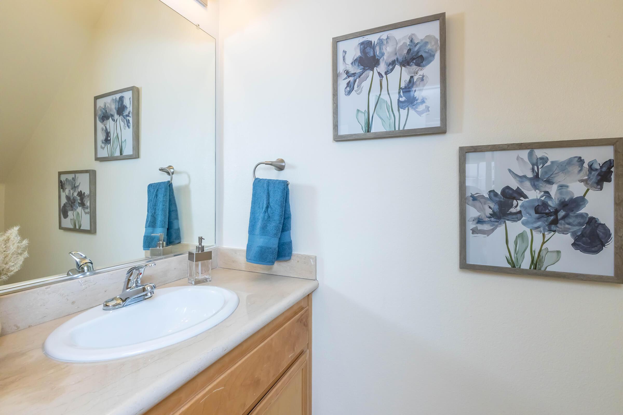 A stylish bathroom featuring a light-colored vanity with a round sink, a mirror above, and three framed floral prints on the wall. Two blue towels hang beside the sink, and a glass soap dispenser sits on the countertop, completing the modern and serene aesthetic.