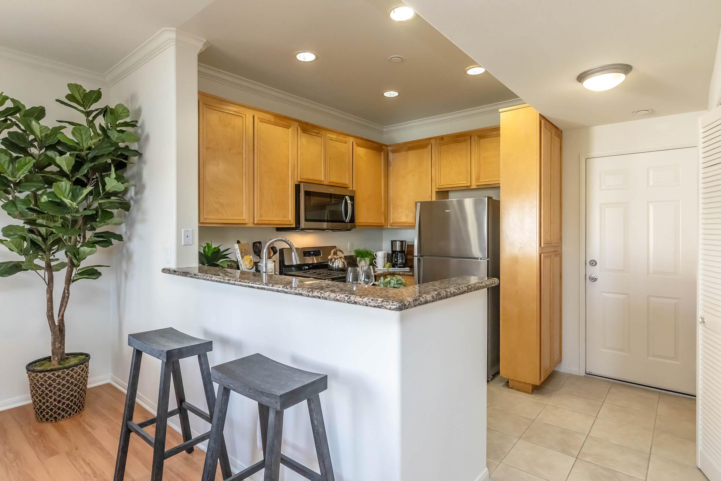 Modern kitchen with light wooden cabinets, stainless steel appliances, and a granite countertop. A small dining area features two wooden bar stools. Next to the kitchen, a door leads outside, and a potted plant adds a touch of greenery to the space. Soft, neutral tones create a welcoming atmosphere.