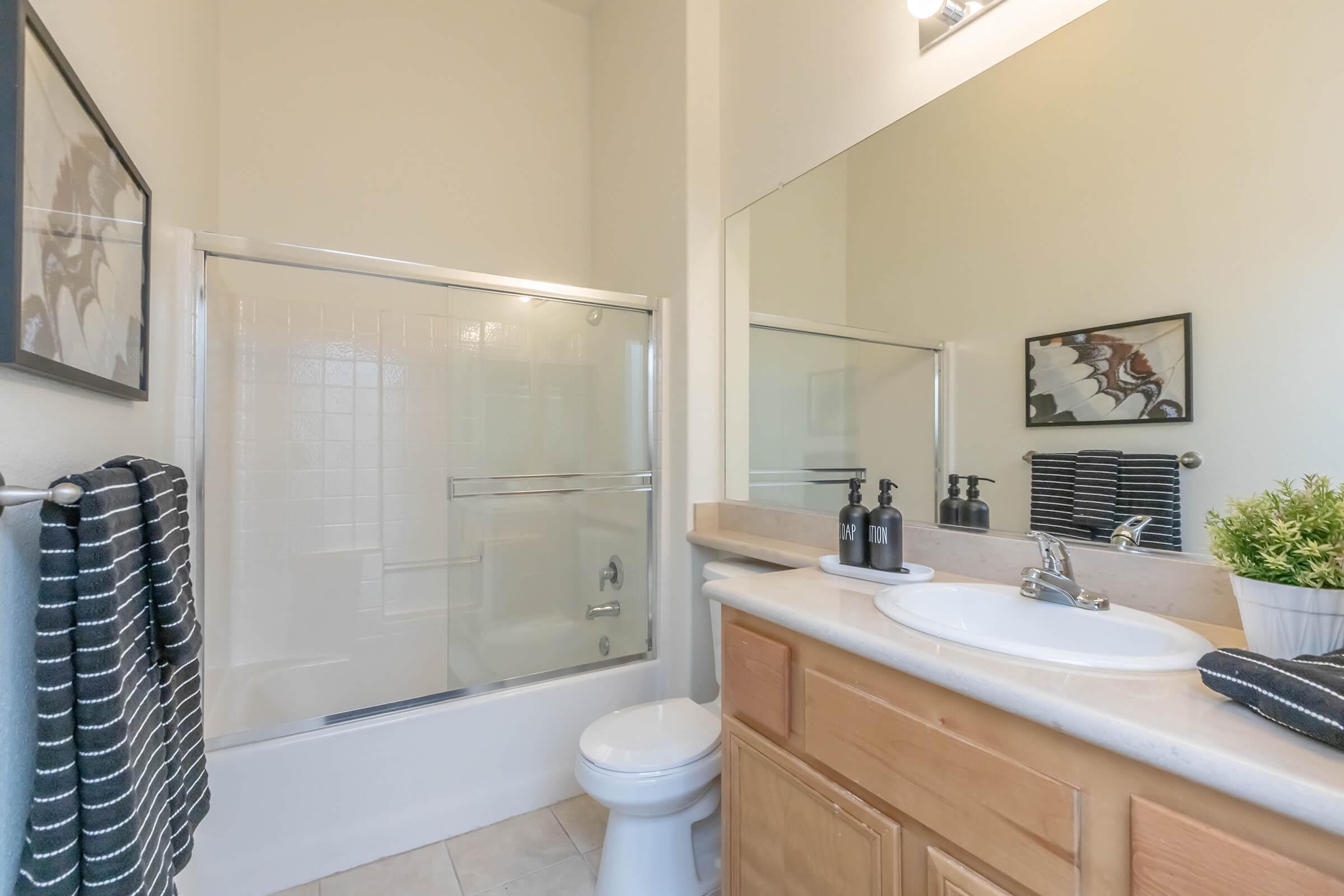 A modern bathroom featuring a shower with a glass door, a white bathtub, a toilet, and a wooden vanity with sink. The counter is adorned with black soap dispensers and a small potted plant. A towel hangs on a rack, and there’s a framed artwork on the wall, adding a stylish touch to the space.