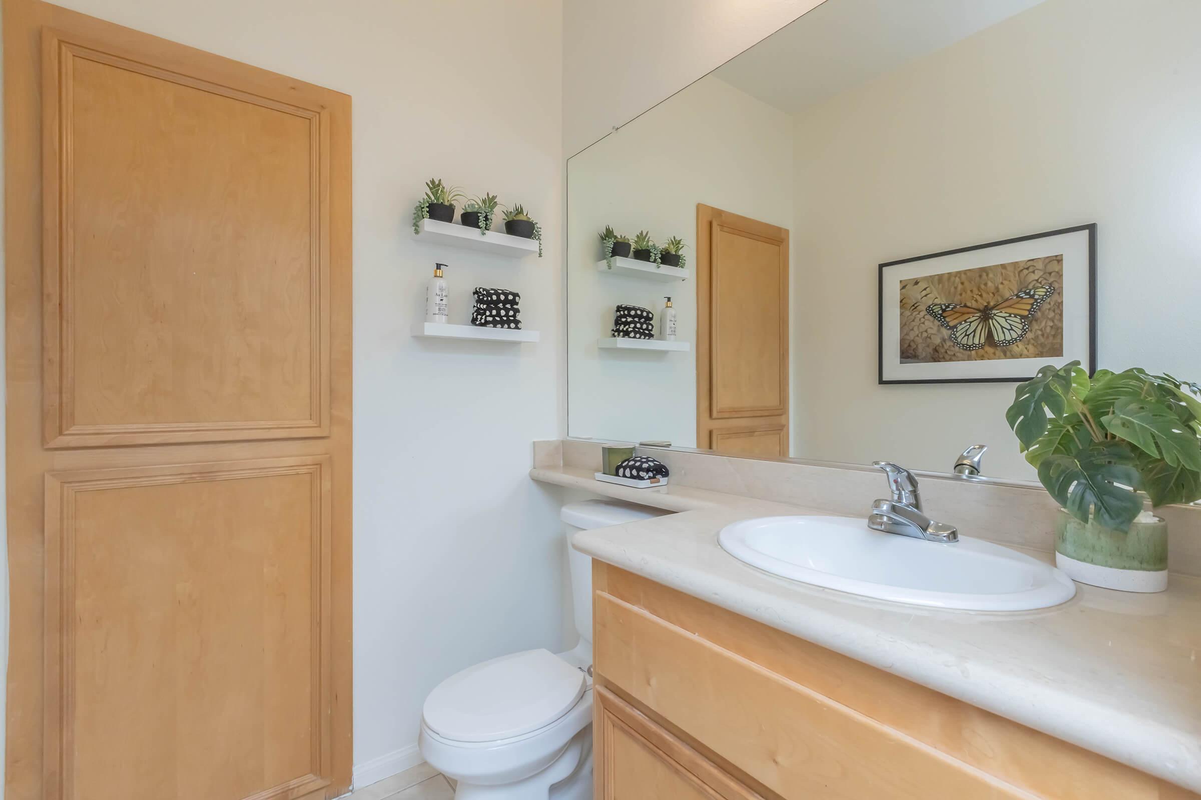 A bright, modern bathroom featuring a light-colored wall, wooden cabinetry, and a large mirror. Shelves hold decorative plants and toiletries. A white sink with a faucet sits on a counter, alongside a potted plant. The space includes a closed wooden door and a framed butterfly art piece on the wall.