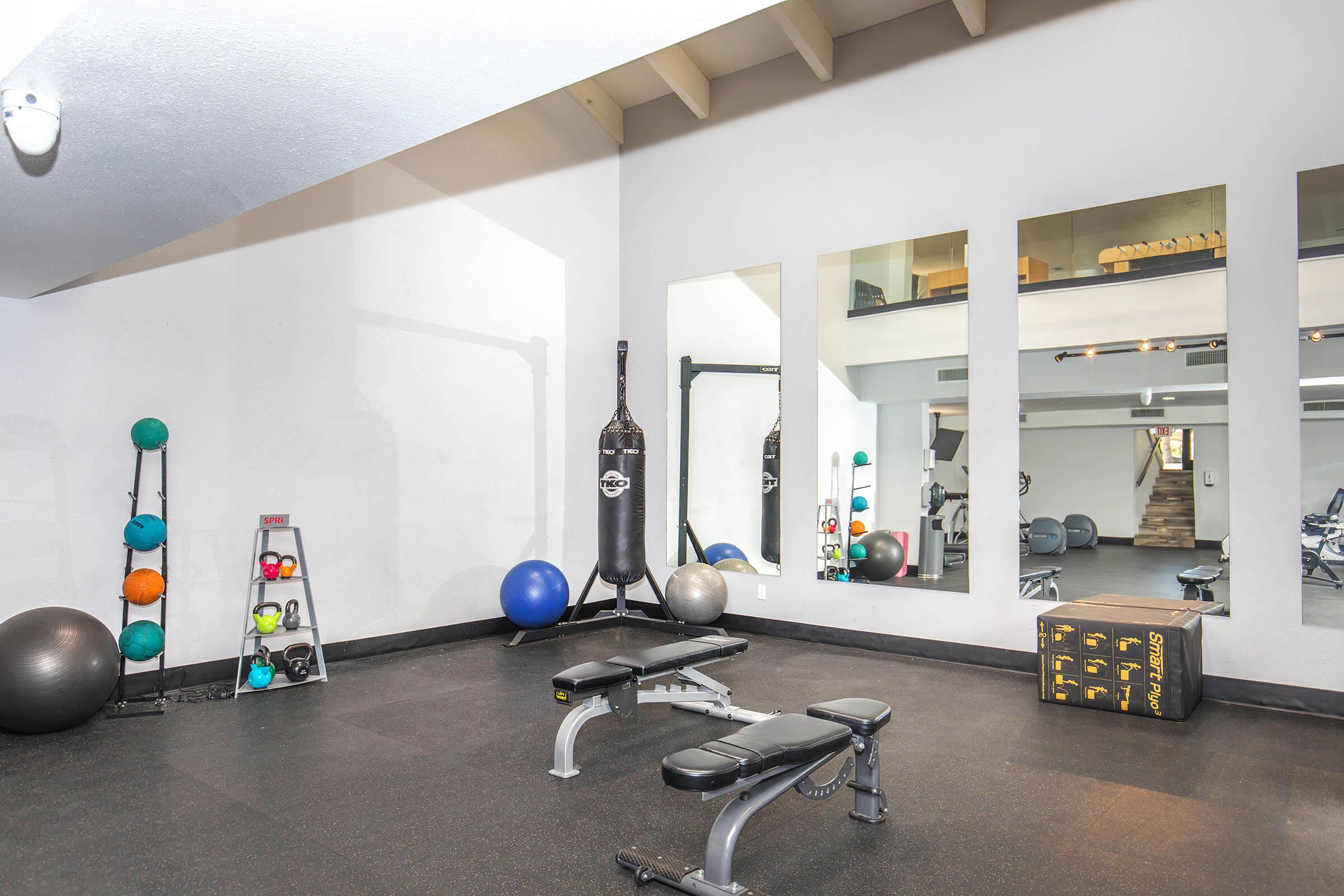 A bright gym interior featuring two flat benches, a punching bag, wall-mounted mirrors, and exercise equipment including stability balls and weights. The space has a clean, modern design with an open layout and black rubber flooring.
