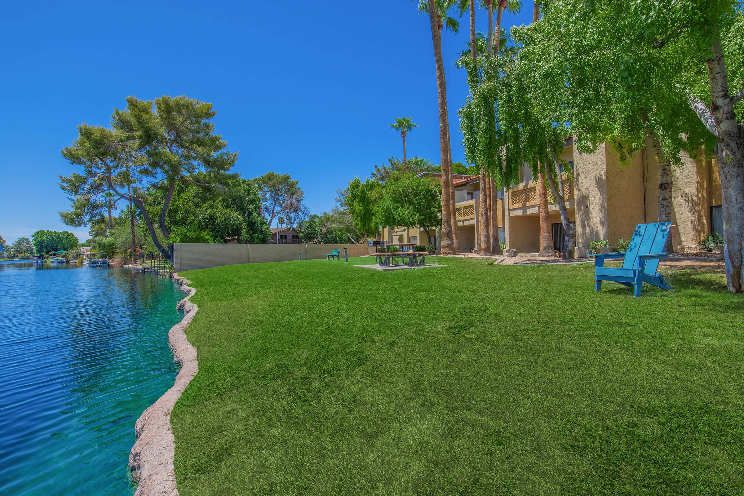 Lush green lawn beside a tranquil body of water, with palm trees and a clear blue sky. In the foreground, there are blue chairs facing the water, and in the background, a residential area can be seen along the shoreline. The scene captures a peaceful, sunny day by the lake.