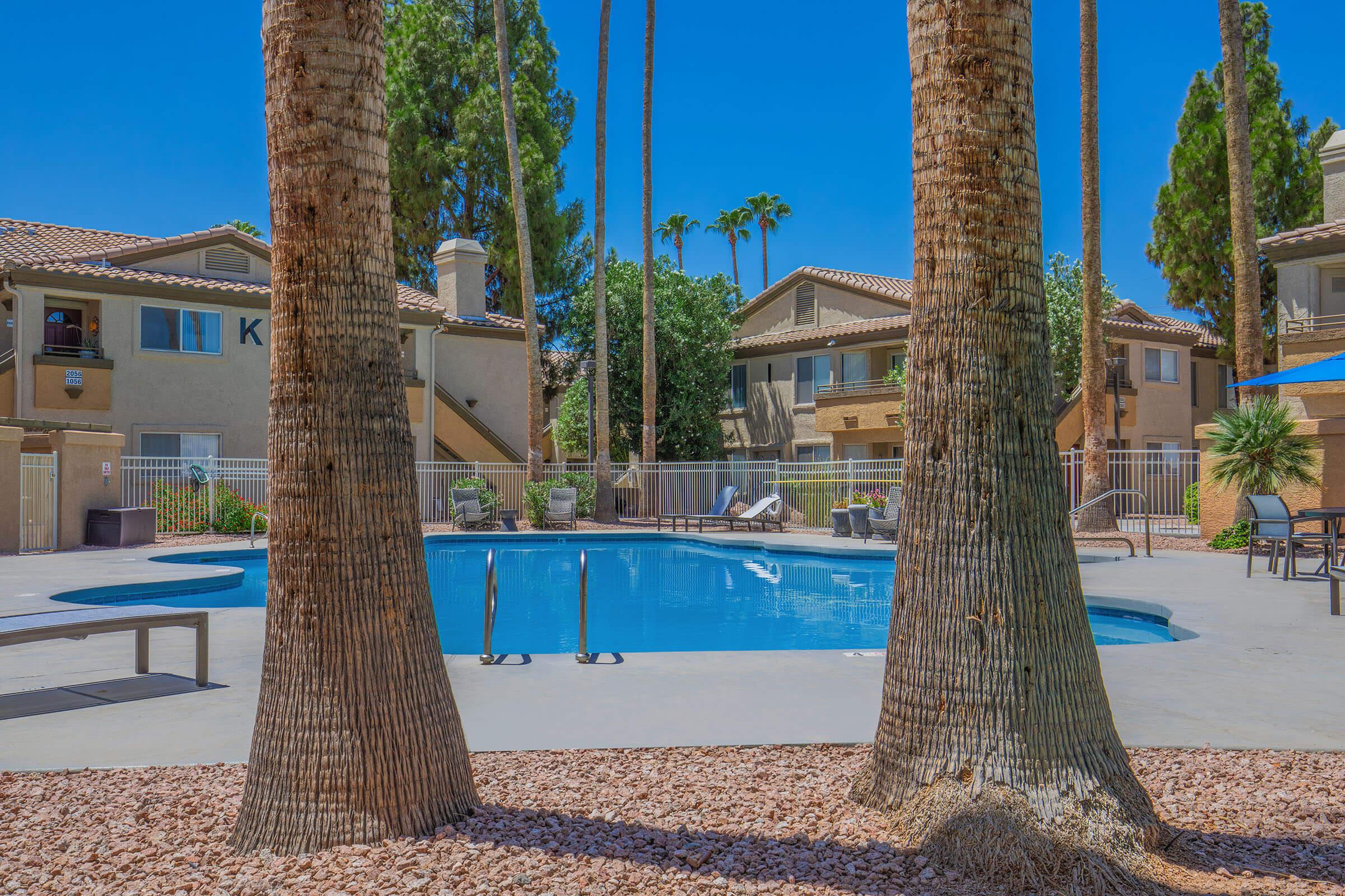 A view of a blue swimming pool surrounded by palm trees and apartment buildings. The pool area features lounging chairs and a clear blue sky overhead, creating a relaxing outdoor atmosphere.